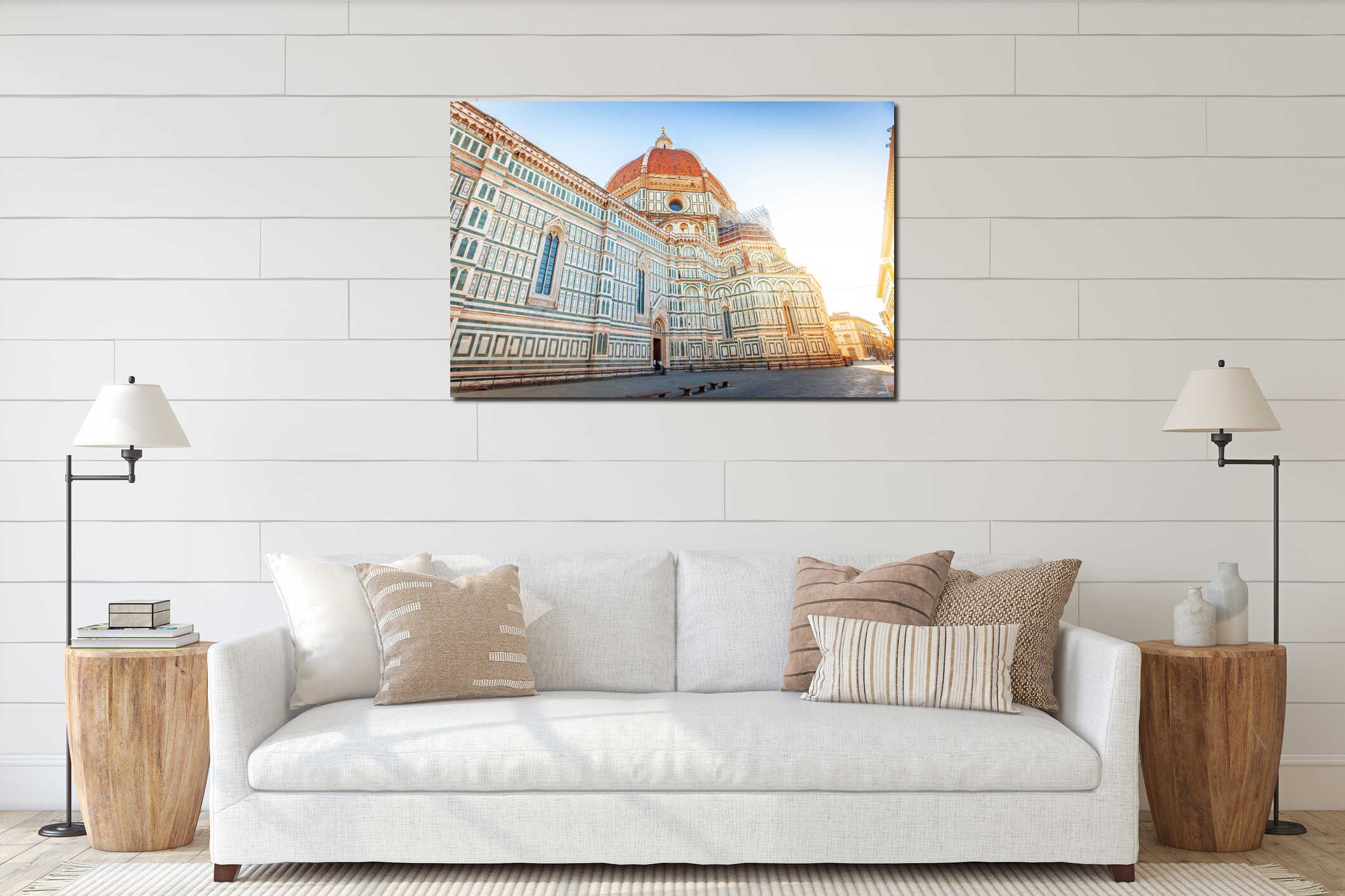 Wide-angle shot of famous cathedral Santa Maria del Fiore on Duomo square of Florence interior mockup