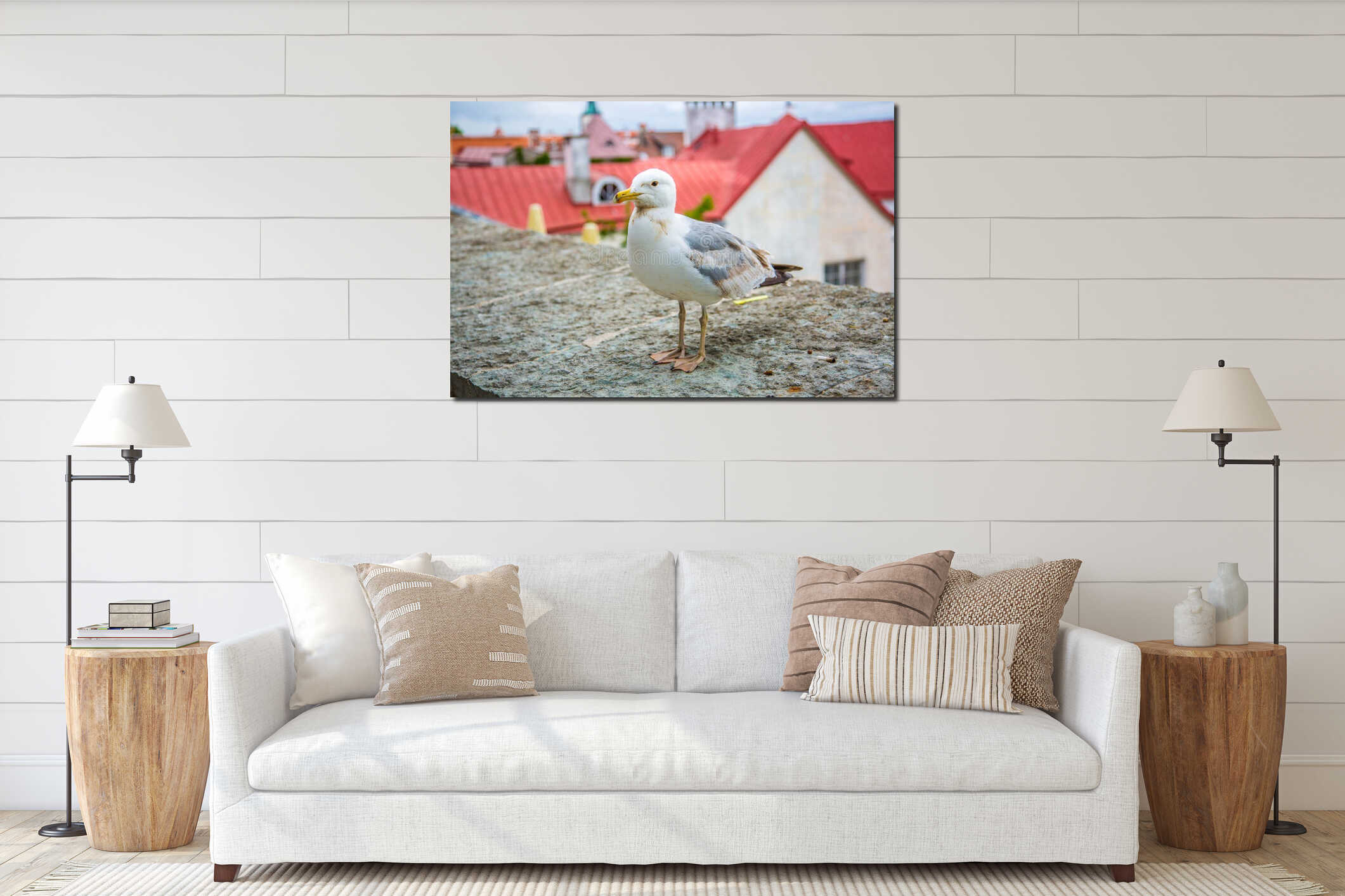 Seagull standing in front of the old town of Tallinn in Estonia interior mockup