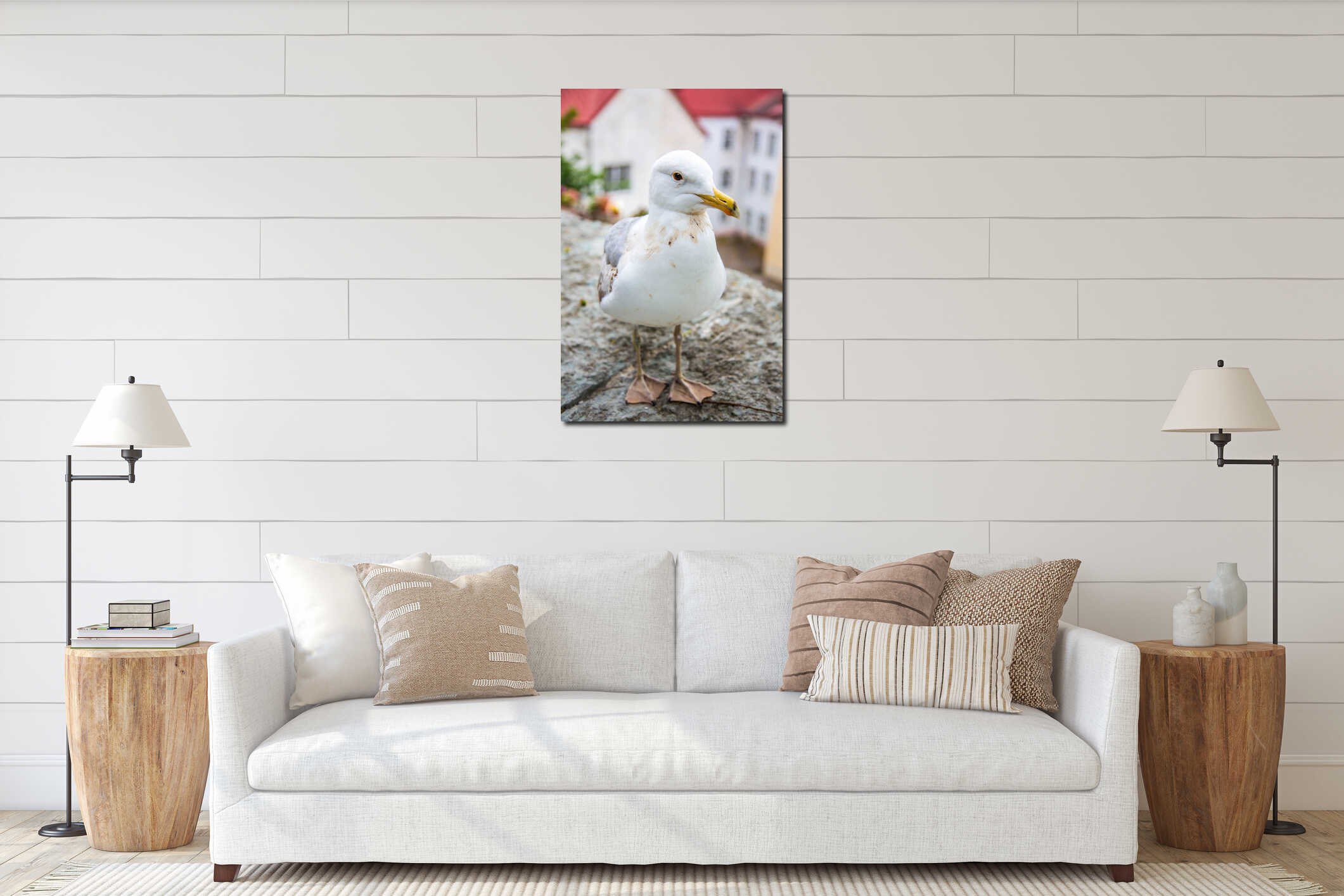 Seagull standing in front of the old town of Tallinn in Estonia interior mockup