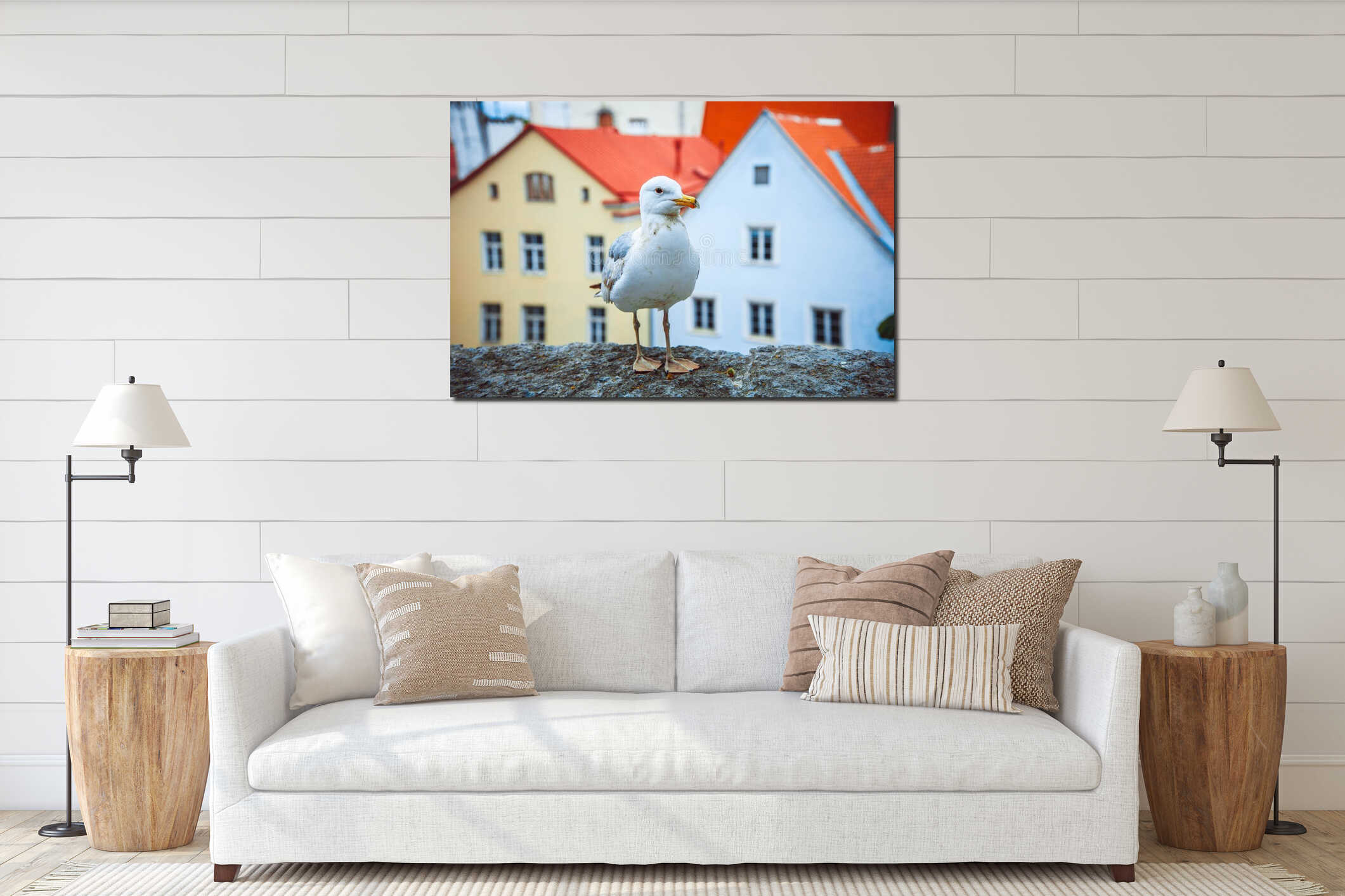Seagull standing in front of the old town of Tallinn in Estonia interior mockup