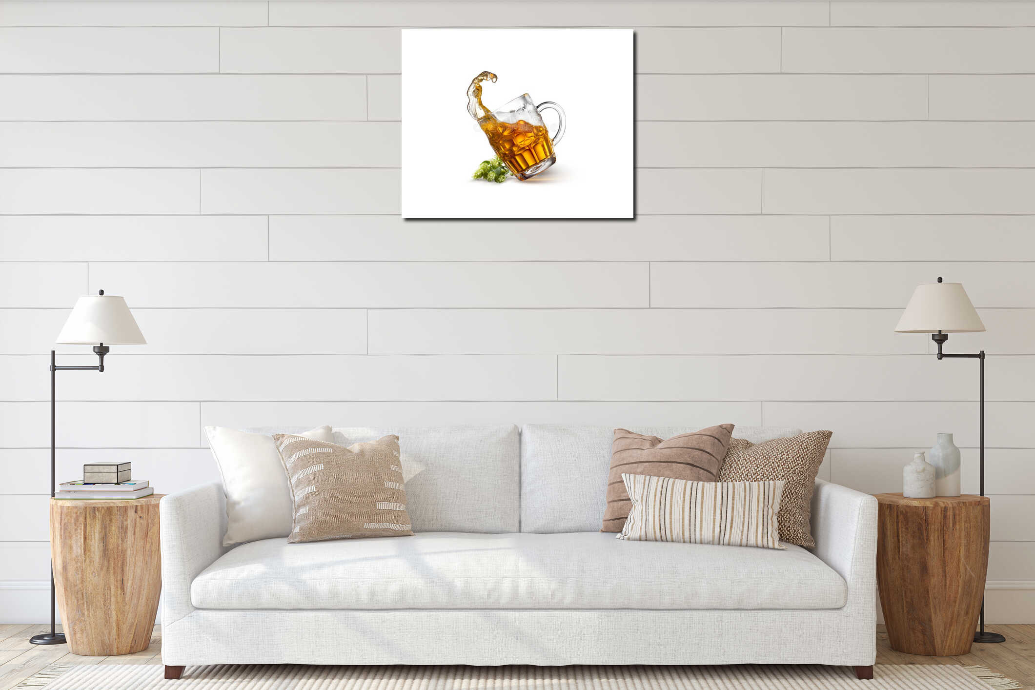 Glass of beer on wooden table with sea on background interior mockup