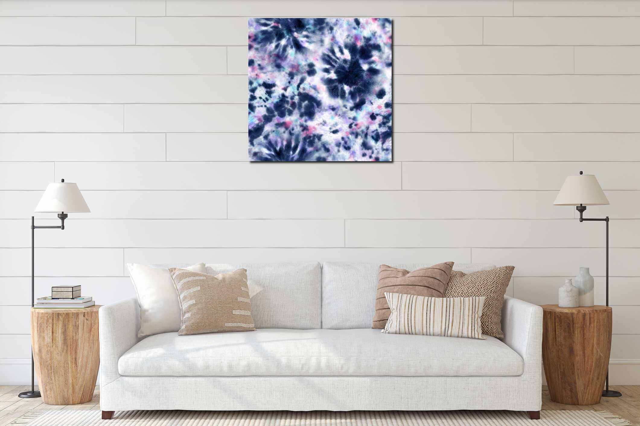 Tie dye shibori seamless pattern. Watercolour abstract texture interior mockup