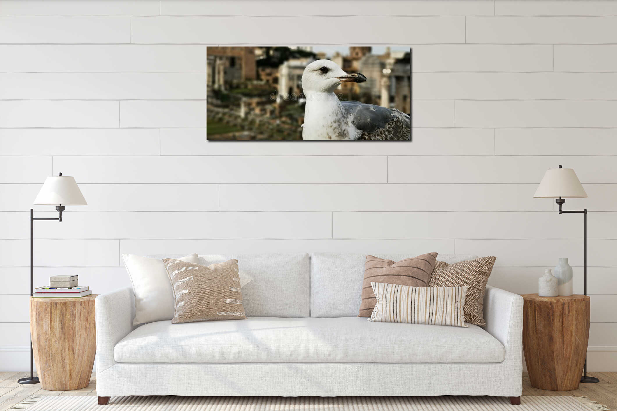 Seagull sitting in front of the forum romanum in Rome interior mockup