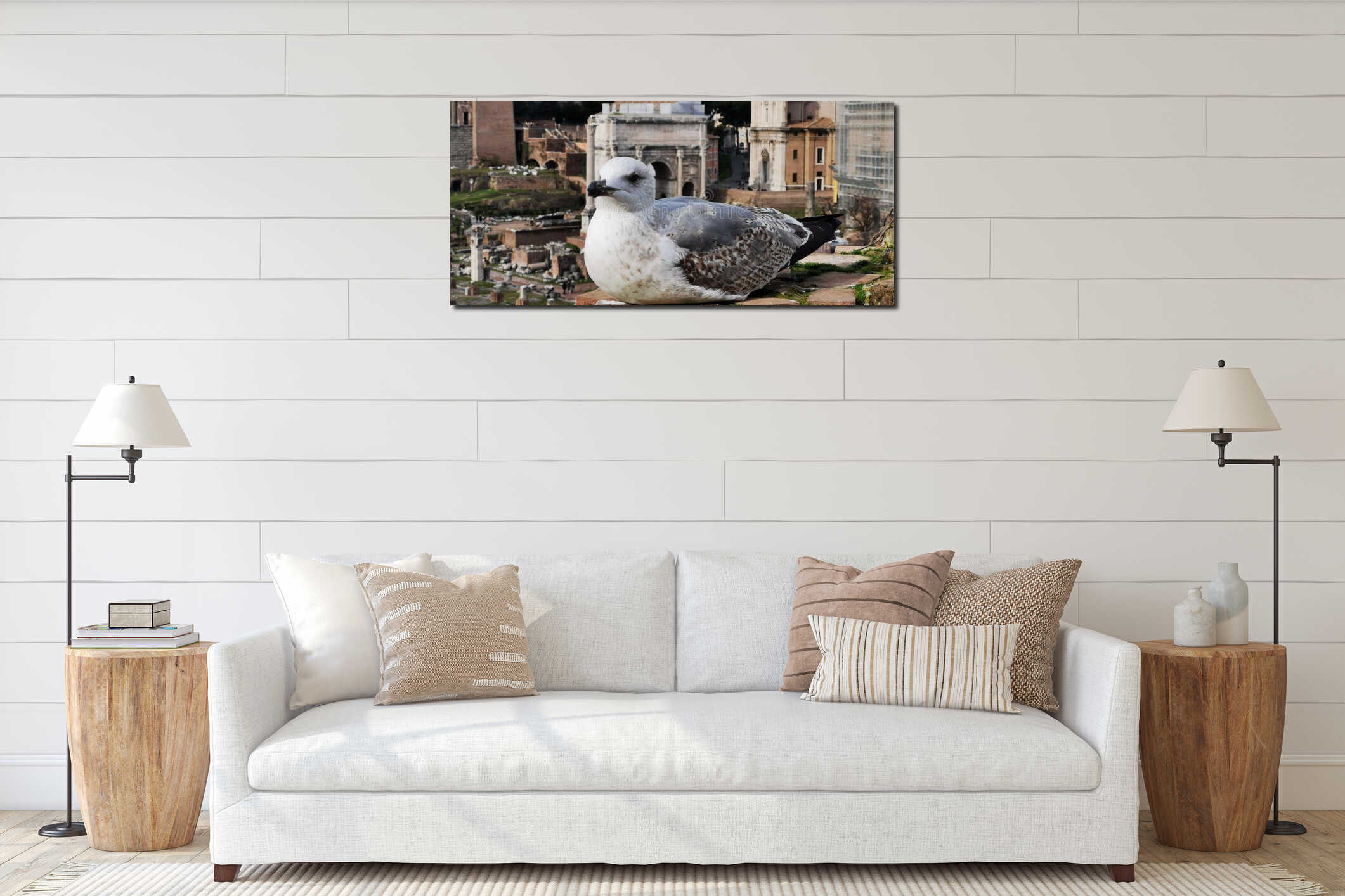 Seagull sitting above the ancient city of Rome interior mockup