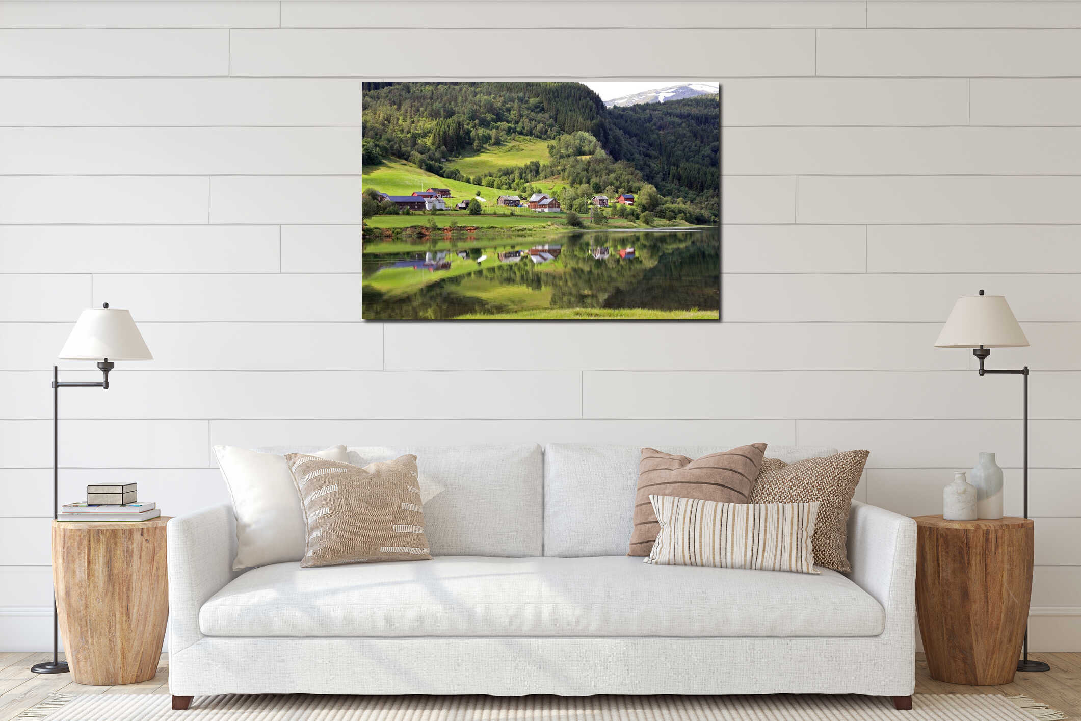 Norwegian Village Fjord Reflection Mountain Landscape Traditional Wooden Houses Rural Waterfront Idyllic Nordic Countryside View interior mockup
