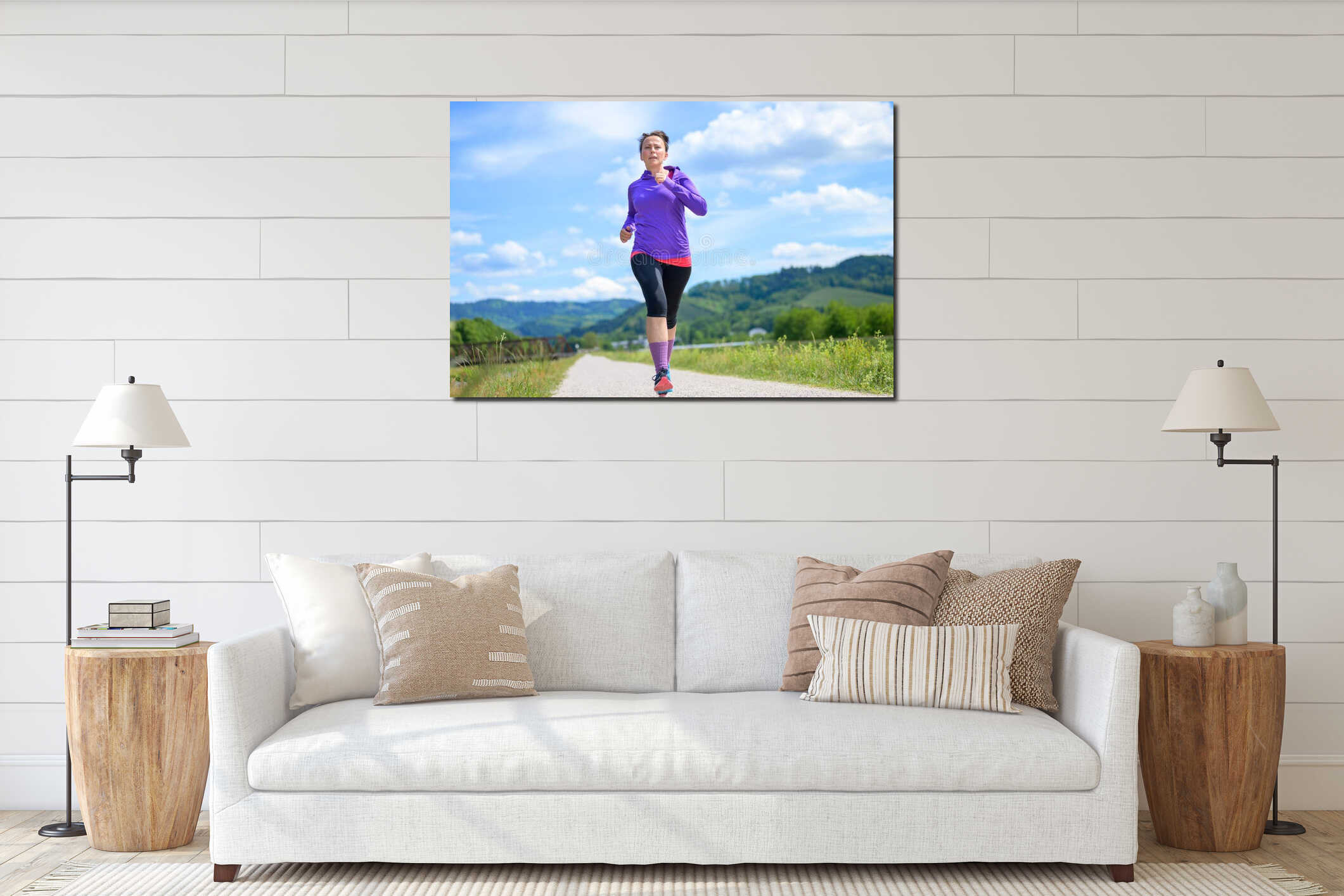 Fit athletic middle-aged woman out jogging interior mockup