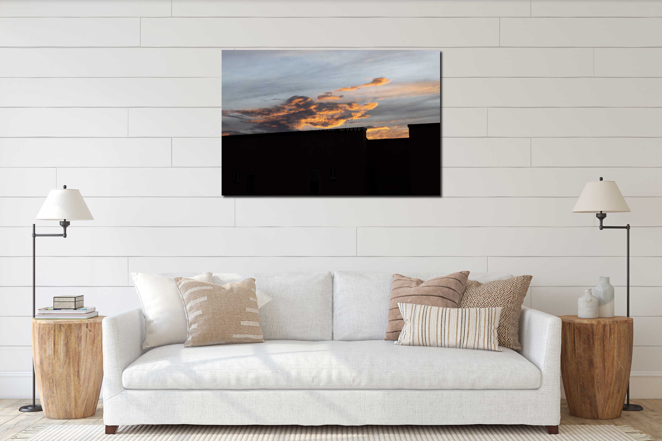 Stunning blue, yellow and orange summer sunset with residential unit interior mockup