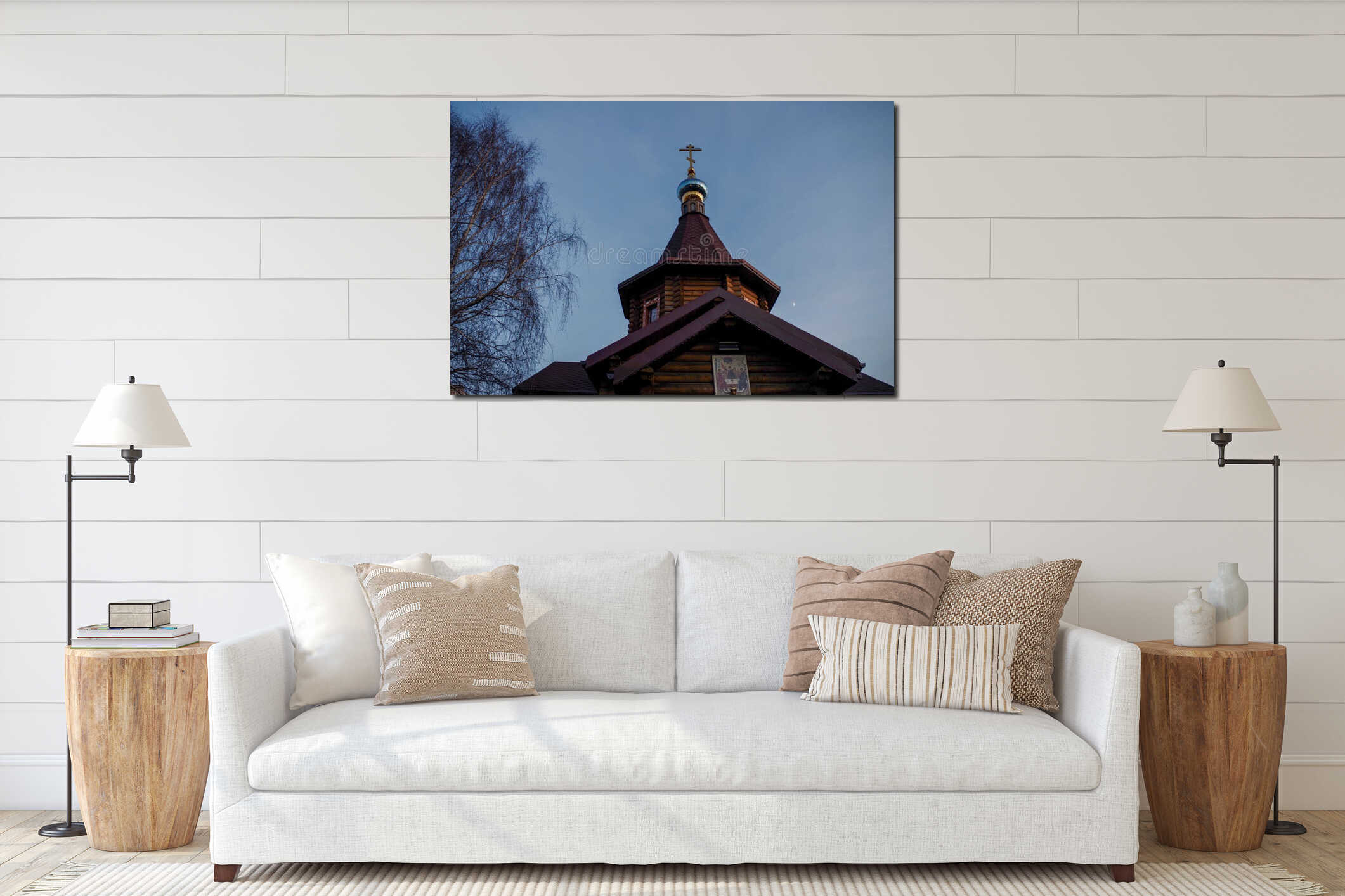 Gable roof of wooden Orthodox Church with log walls, six-sided tower, blue dome and gilded Orthodox cross with icon above entrance interior mockup