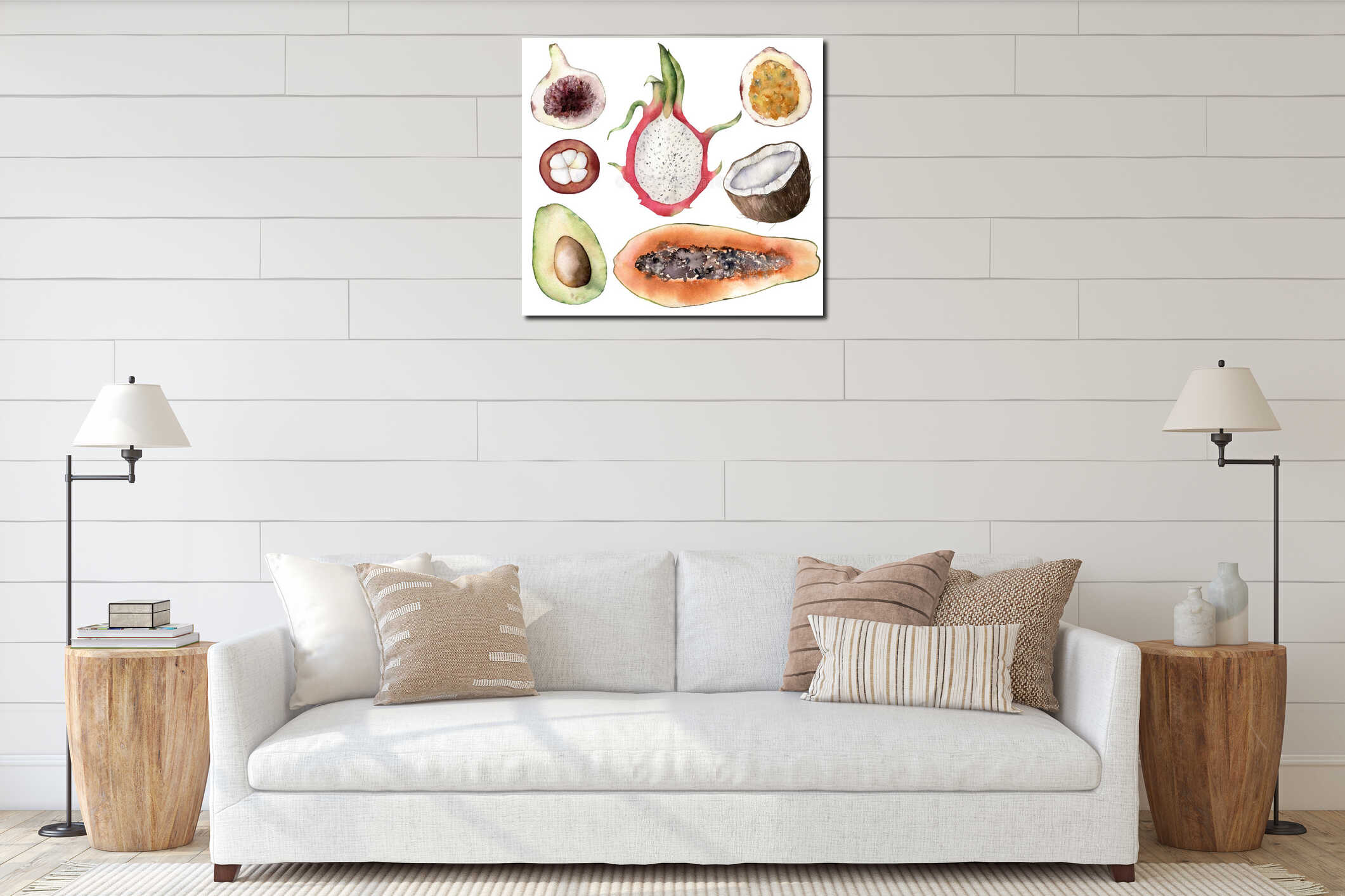 Set of watercolor tropical fruits. Hand painted avocado, coconut, dragon fruit, fig, mangostana, passion fruit and interior mockup