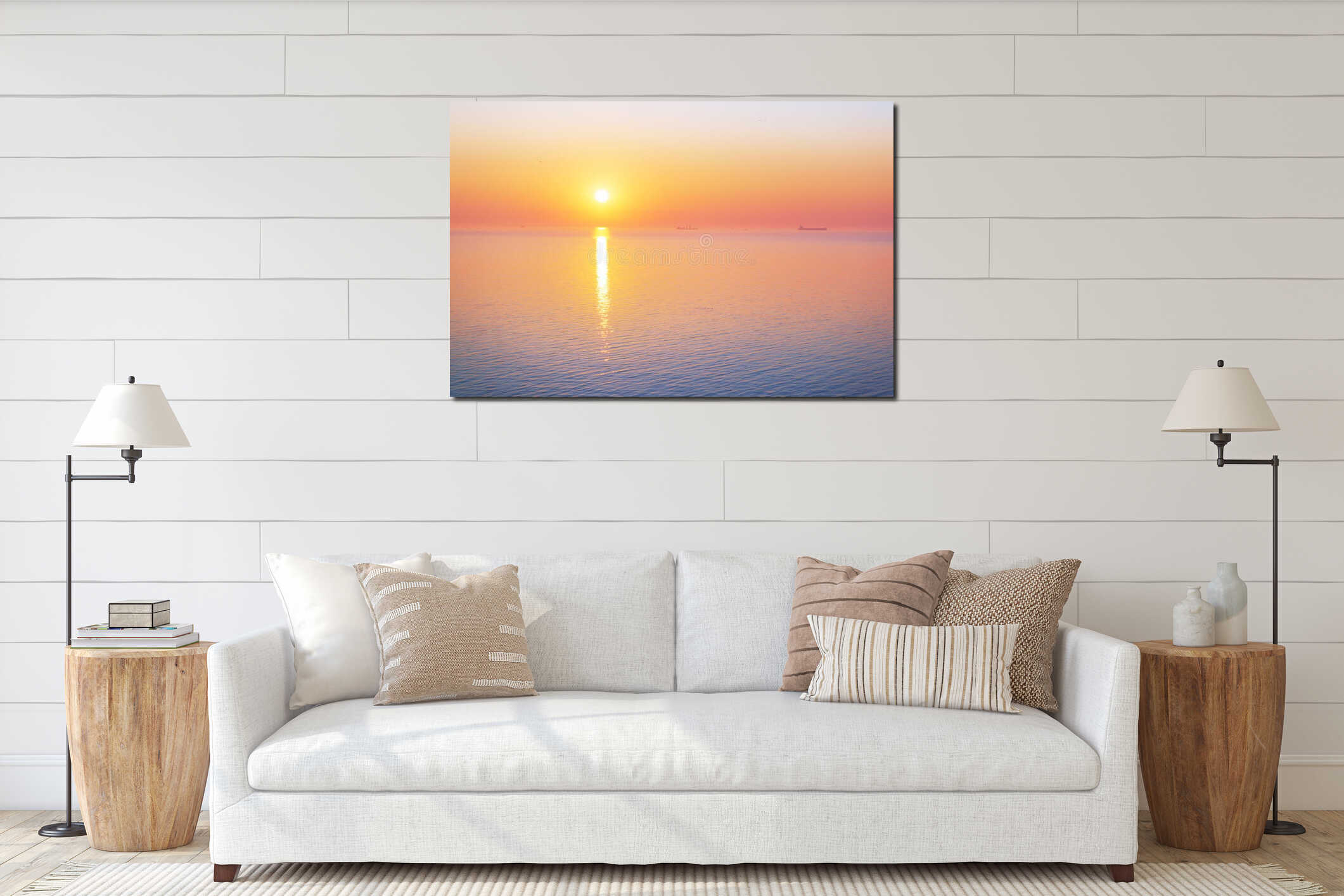 Sunrise on a sea interior mockup