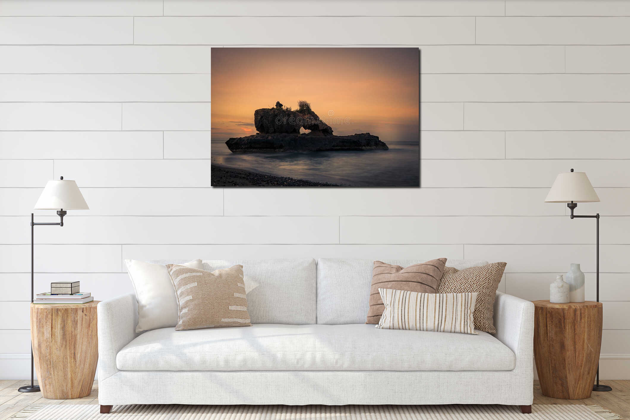 Amazing seascape. Sunrise at Yeh Gangga beach. Rock in the ocean. Natural hole in rock formation. Slow shutter speed. Long interior mockup