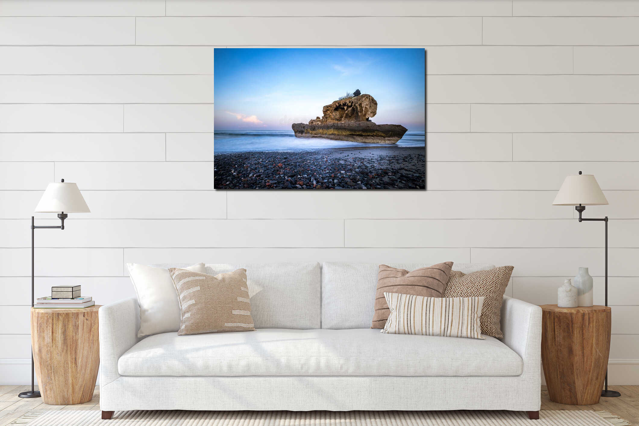 Amazing seascape. Sunrise at Yeh Gangga beach. Rock in the ocean. Waves captured with slow shutter speed. Long exposure with soft interior mockup