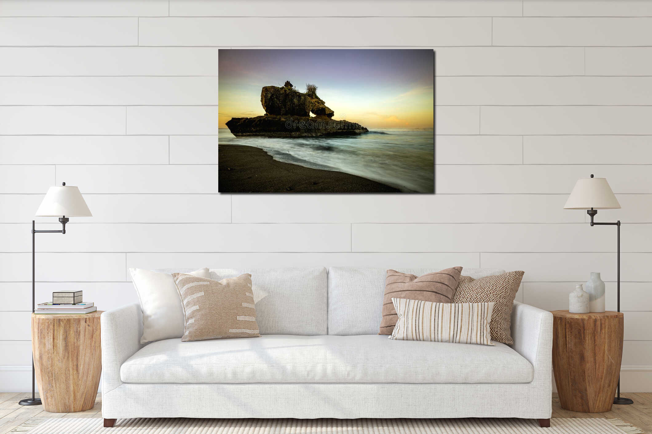 Amazing seascape. Sunrise at Yeh Gangga beach. Rock in the ocean. Natural hole in rock formation. Slow shutter speed. Long interior mockup