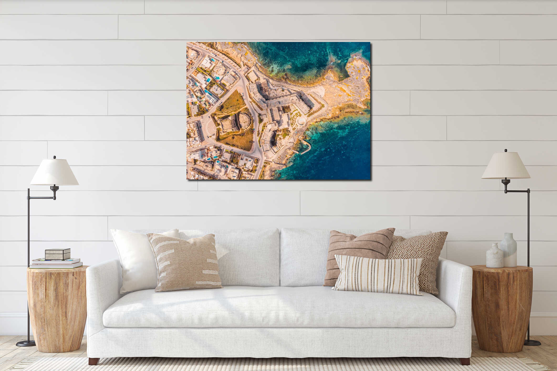 City Marsaskala Malta summer harbour water mediterranean sea blue. Aerial top view interior mockup