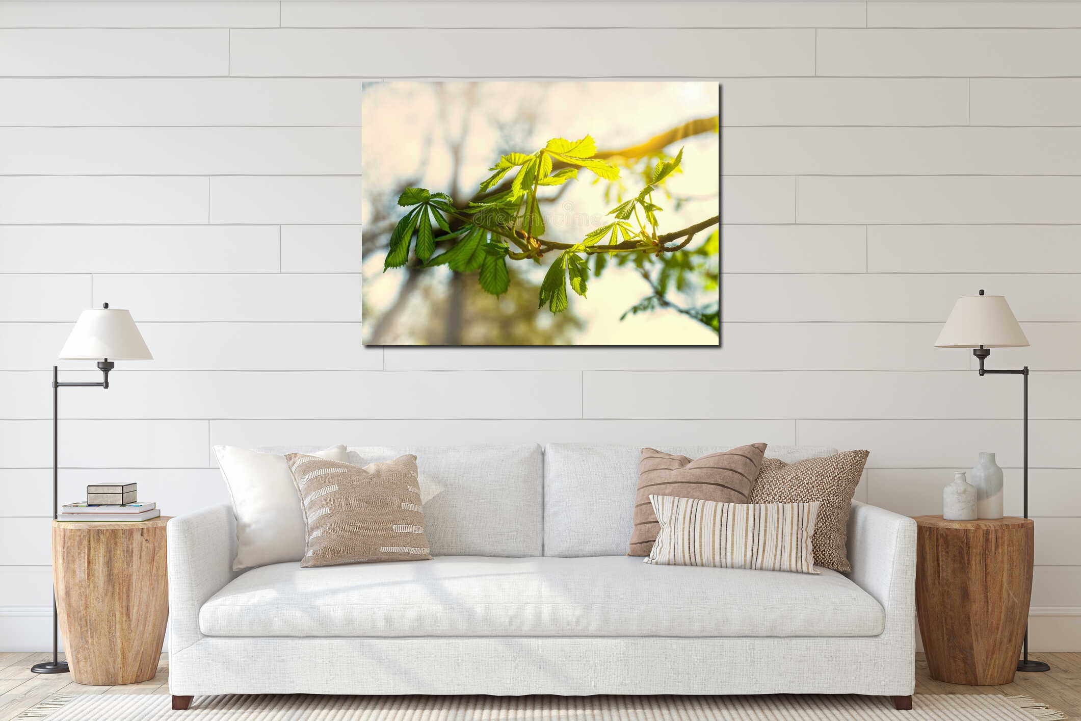 Fresh And Green Chestnut tree leaves in sunlight interior mockup