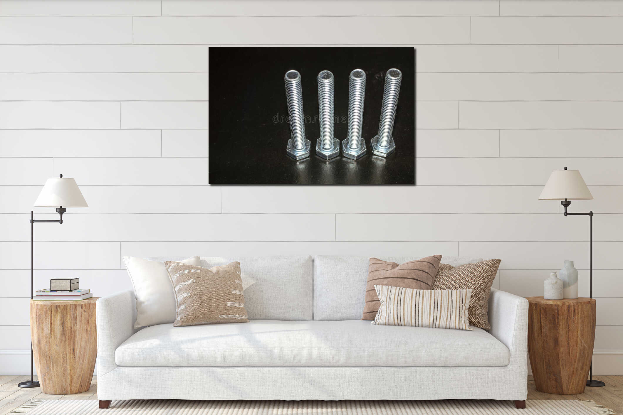 Several large metal bolts on a black background interior mockup