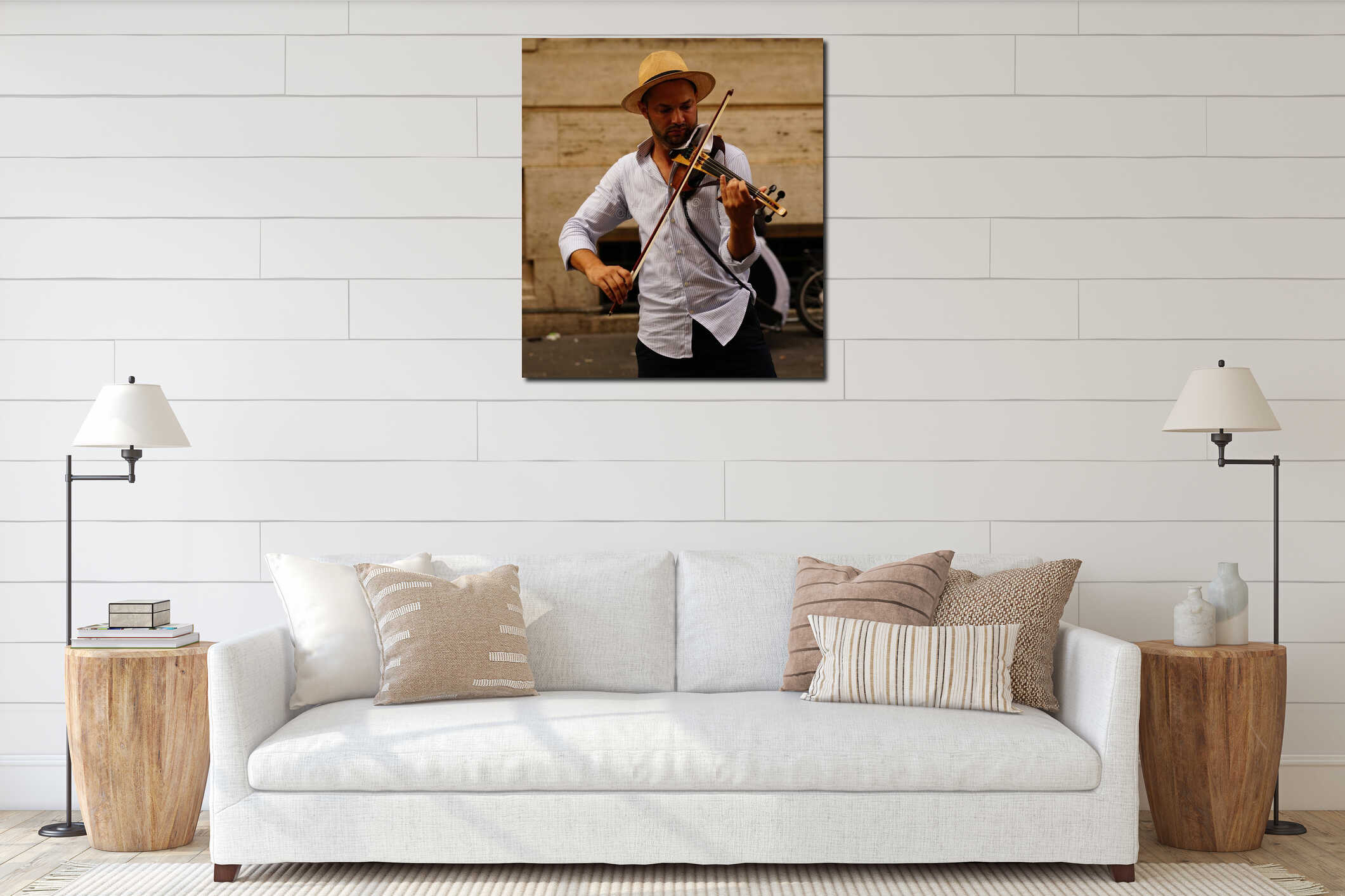 Rome, Italy - July 27, 2020: Italian street violinist interior mockup