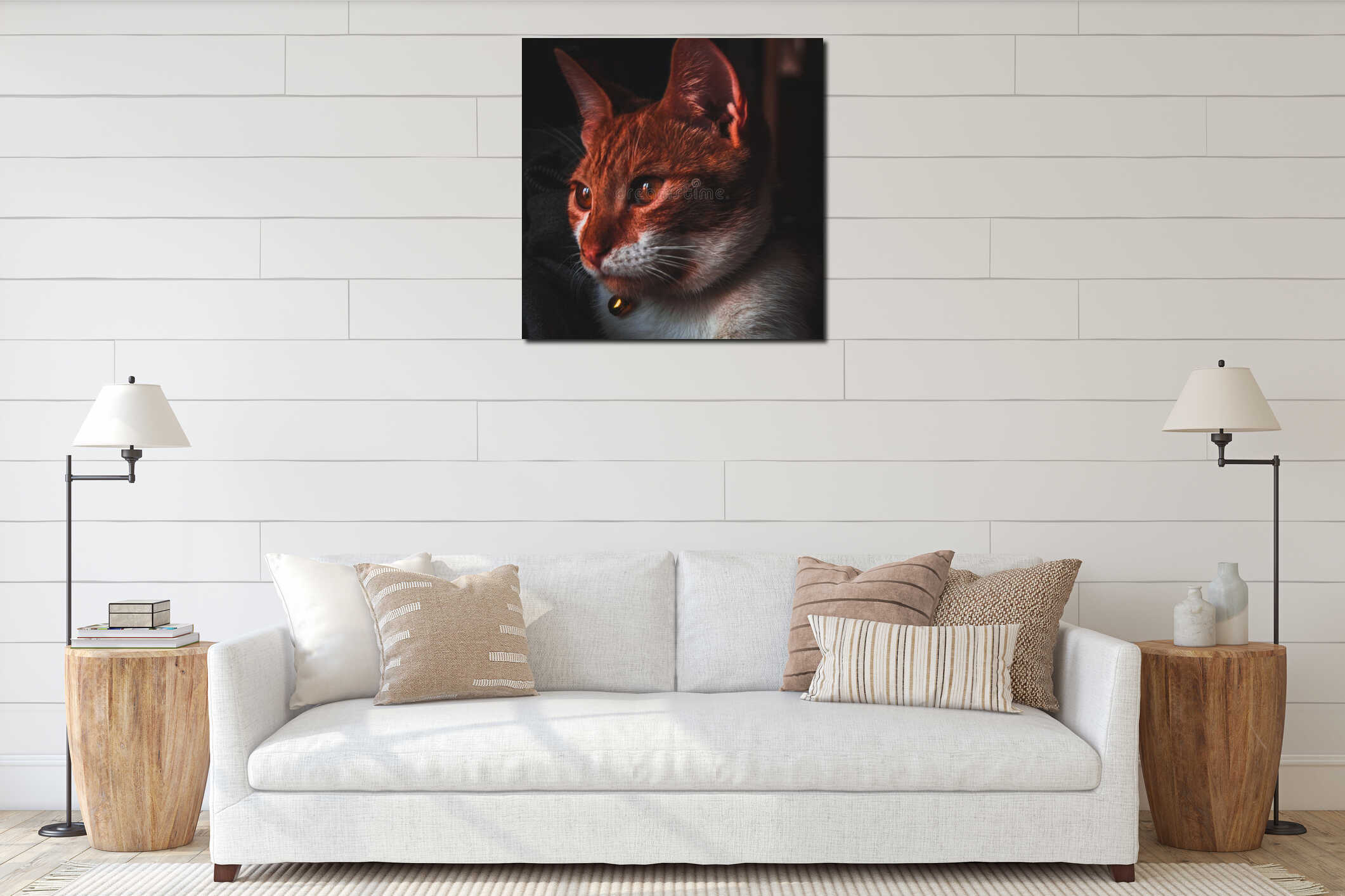 Closeup vertical shot of an adorable red tabby cat with a golden bell on the neck interior mockup