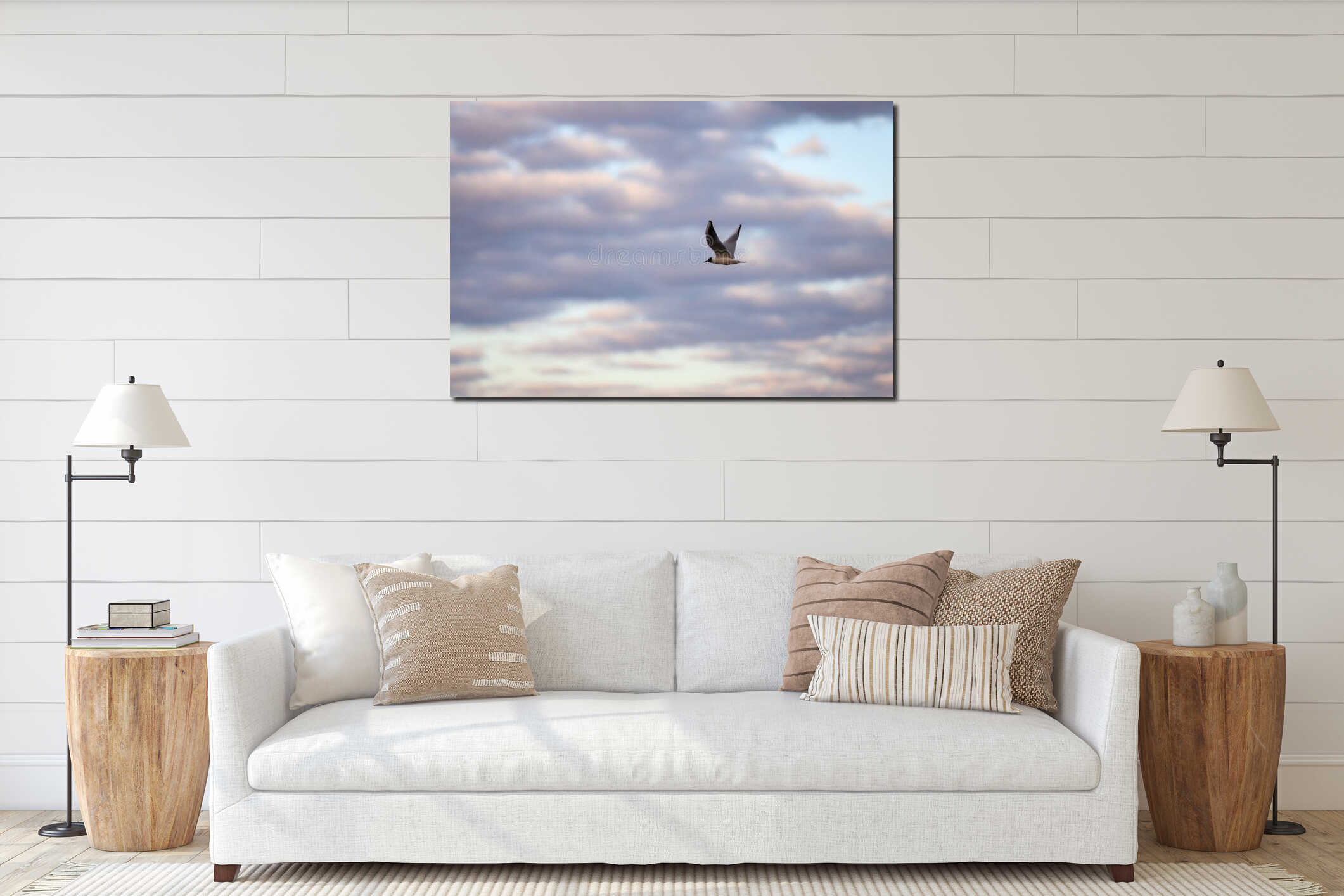 Seagull Fling near docks on the cloudy evening cloud background interior mockup