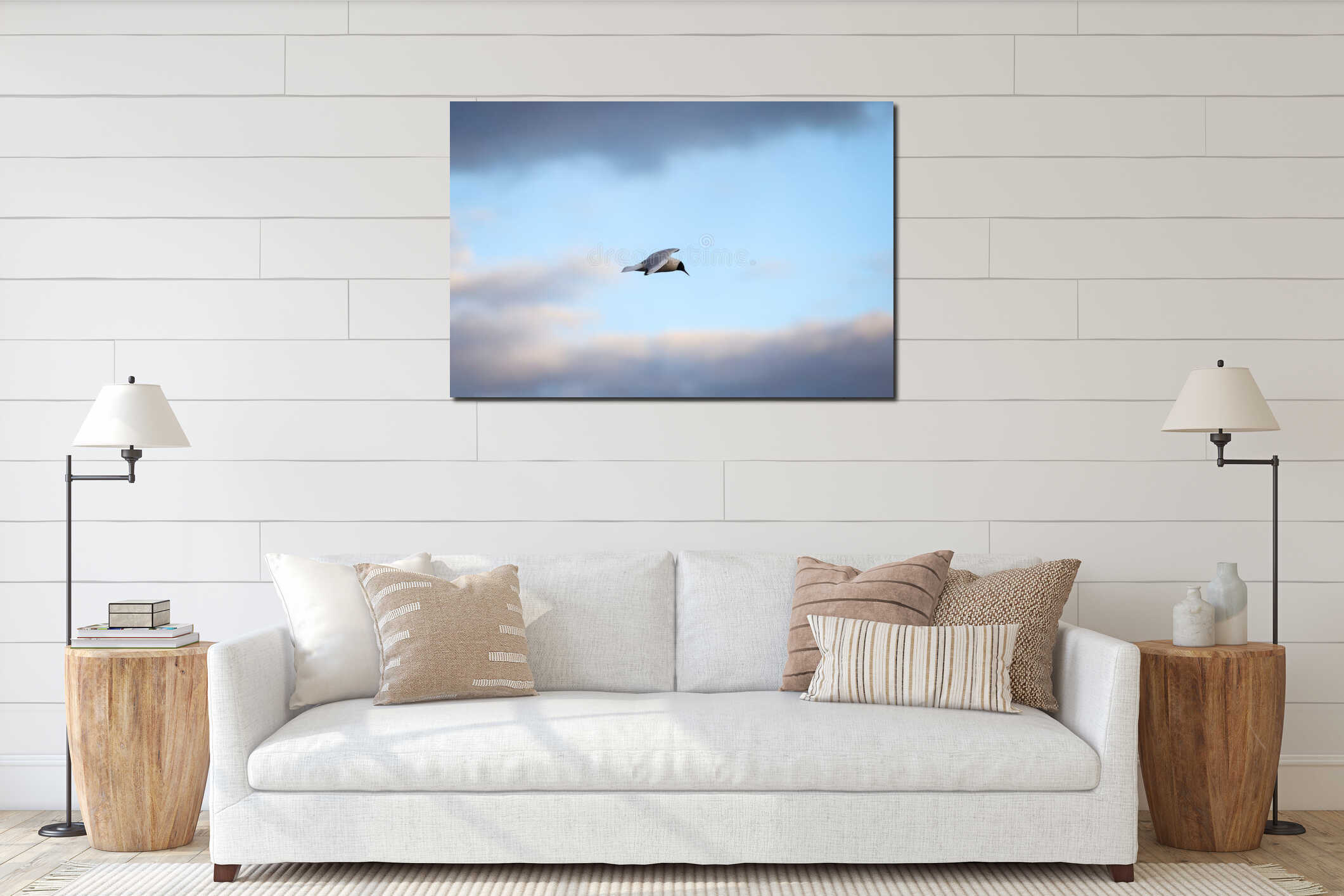 Seagull Fling near docks on the cloudy evening cloud background interior mockup