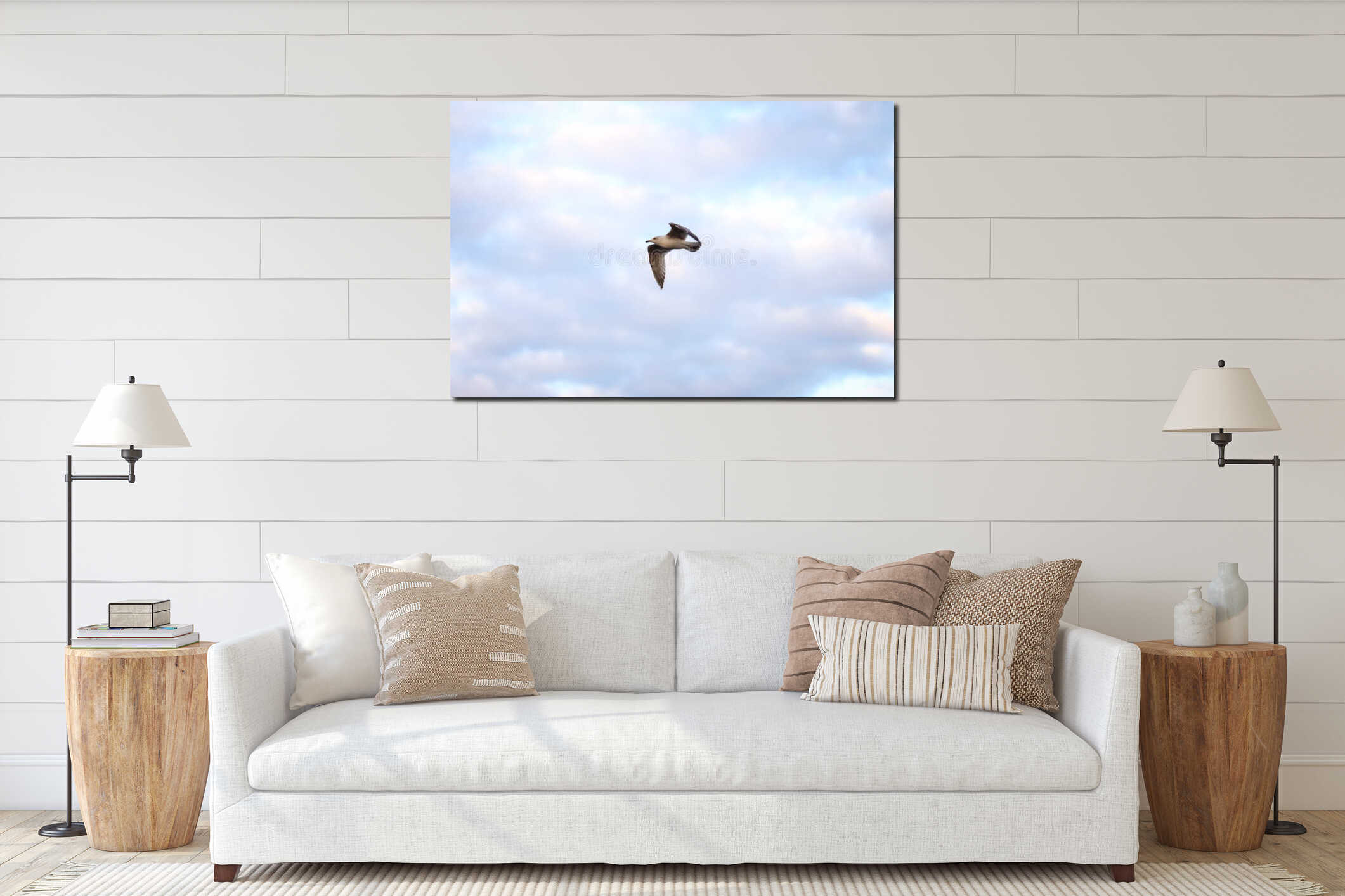 Seagull Fling near docks on the cloudy evening cloud background interior mockup