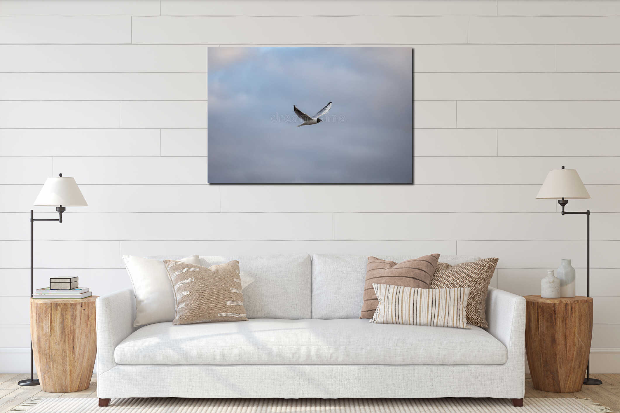 Seagull Fling near docks on the cloudy evening cloud background interior mockup