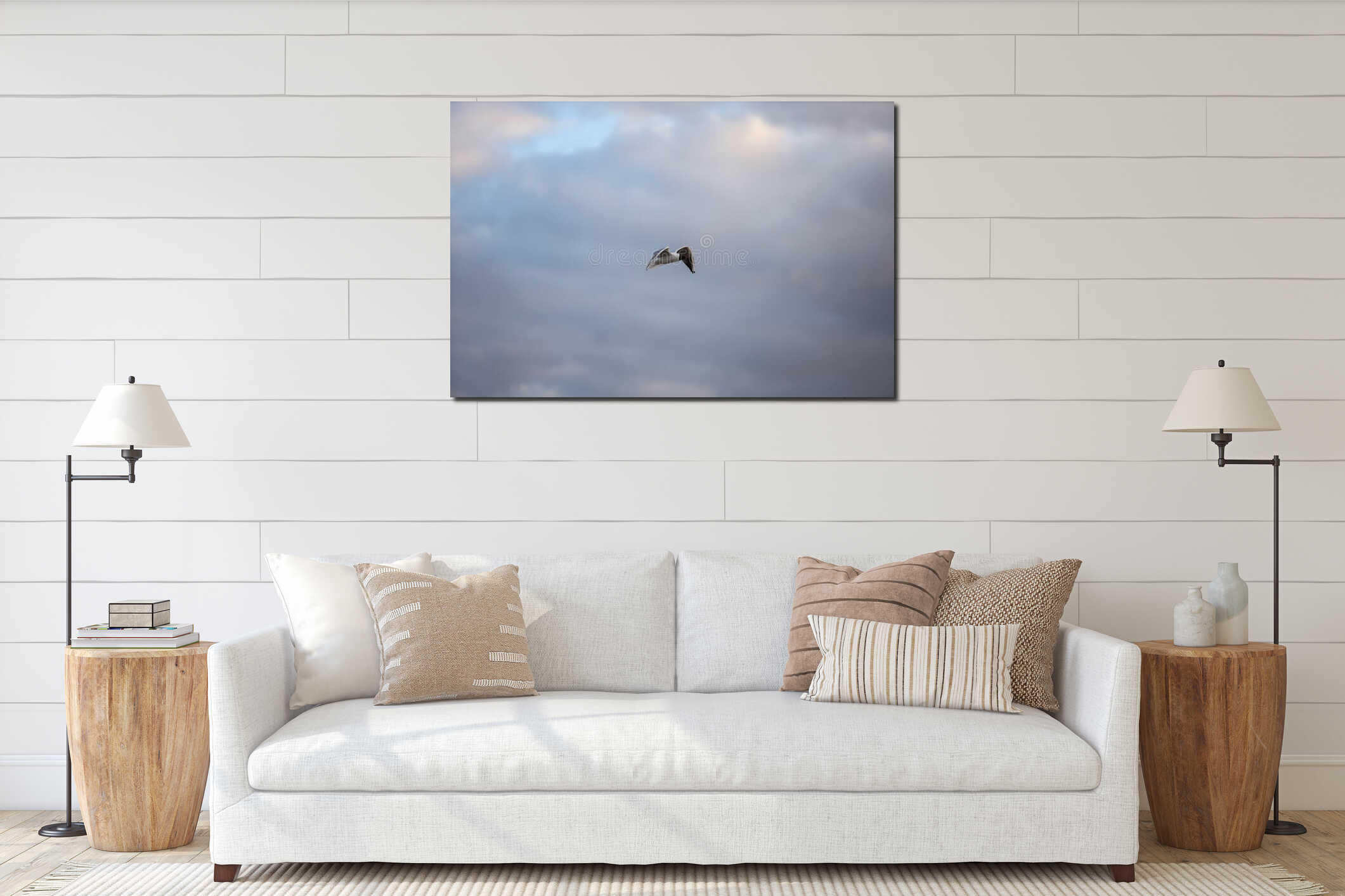 Seagull Fling near docks on the cloudy evening cloud background interior mockup