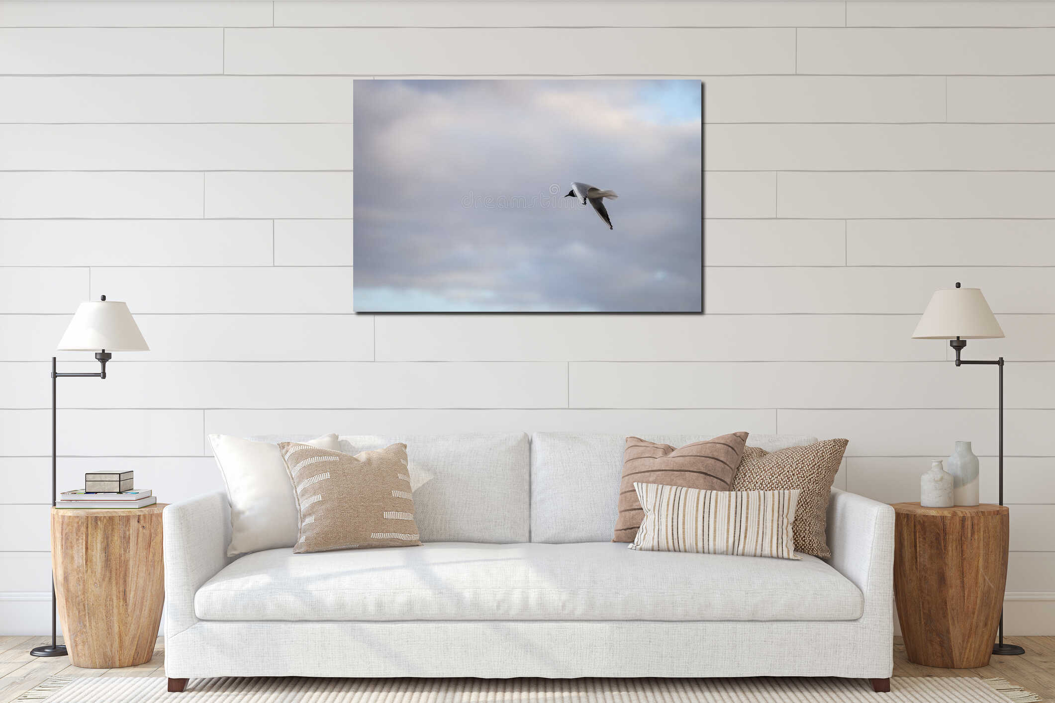 Seagull Fling near docks on the cloudy evening cloud background interior mockup