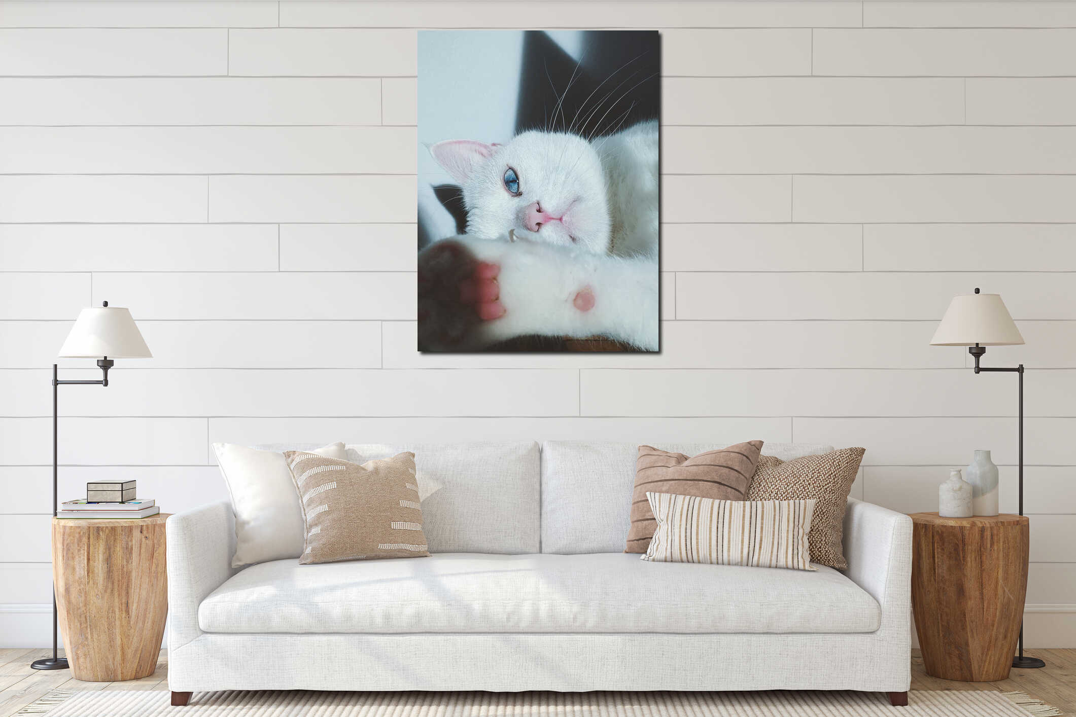 Vertical closeup shot of a Turkish Van cat looking in a straight direction interior mockup