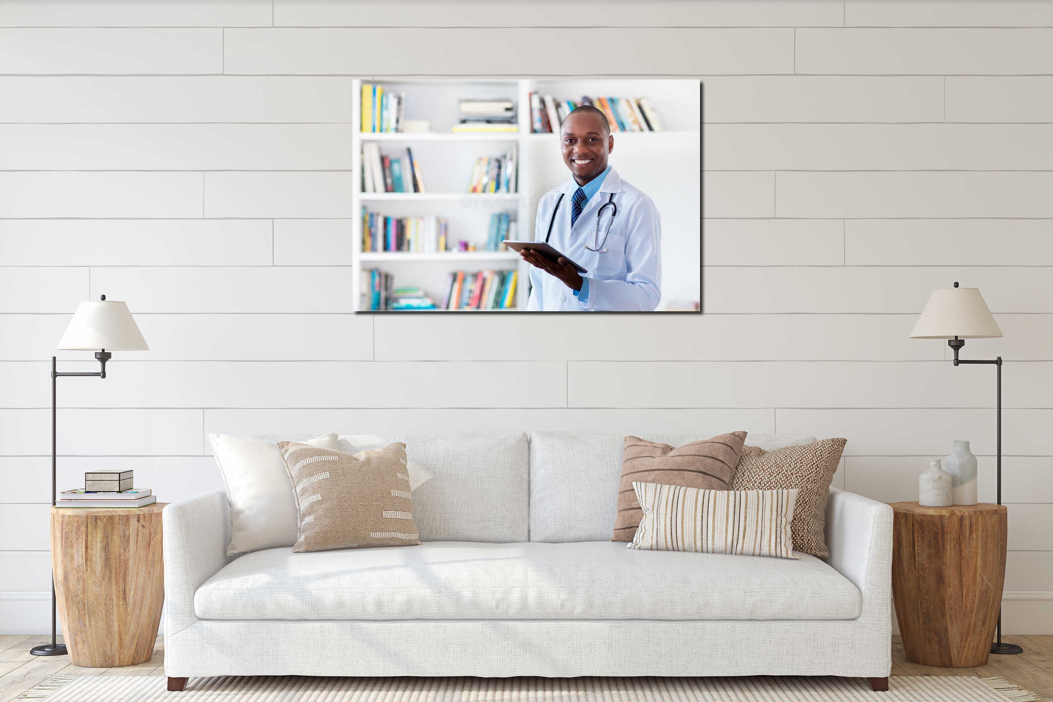 Laughing afro american male doctor with tablet computer and copy space interior mockup