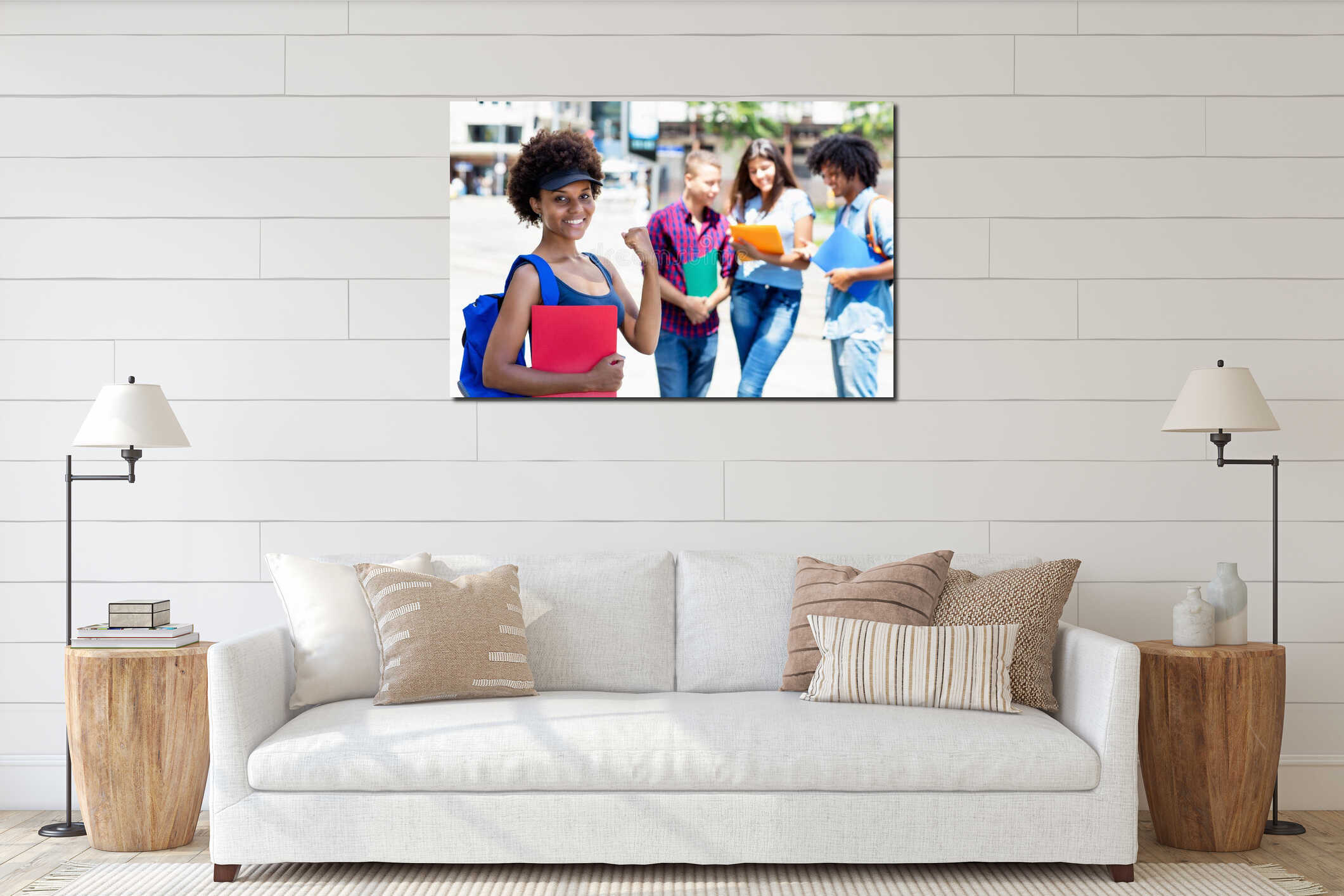 Cheering afro american female student with group of multi ethnic young adults interior mockup