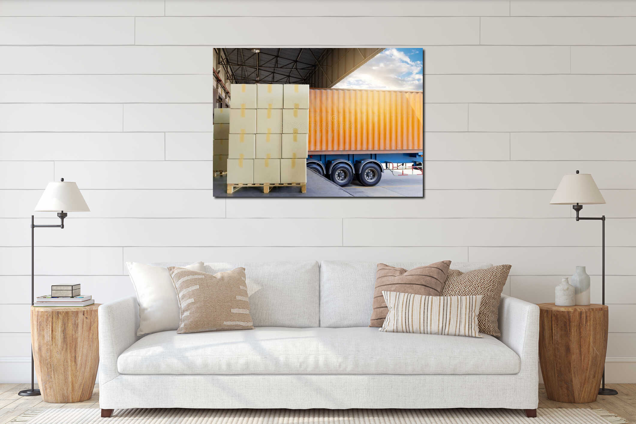 Interior of warehouse dock, Large pallet shipment goods, truck docking load cargo at warehouse interior mockup