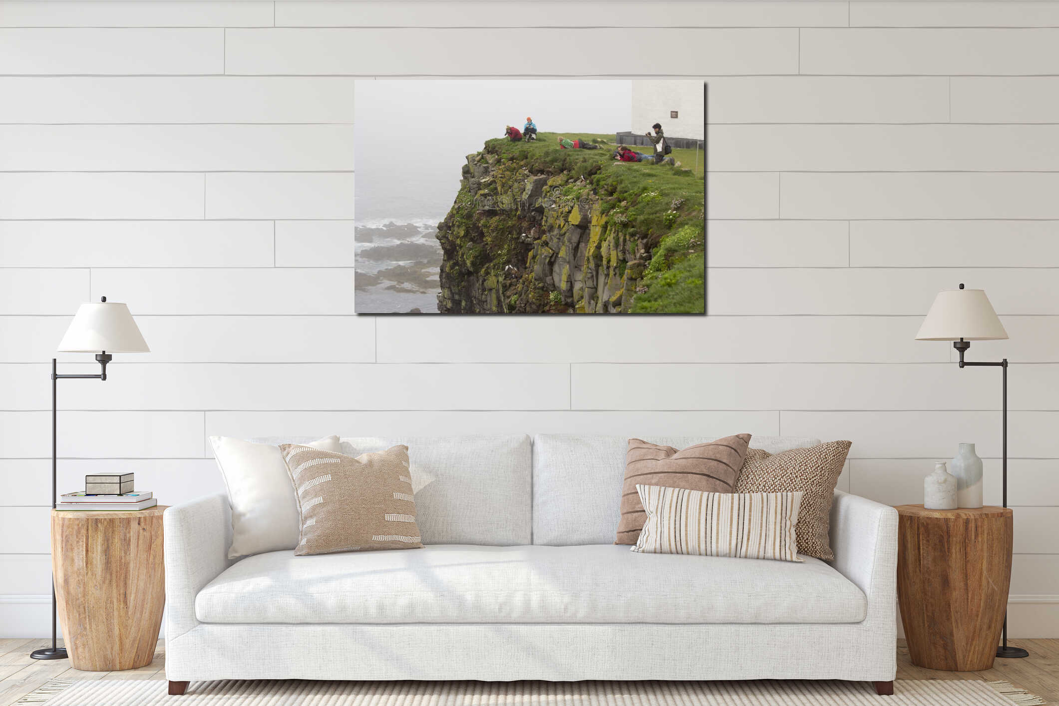 Latrabjarg bird cliffs, West Fjords, Iceland. Tourists taking pictures of bird life. interior mockup