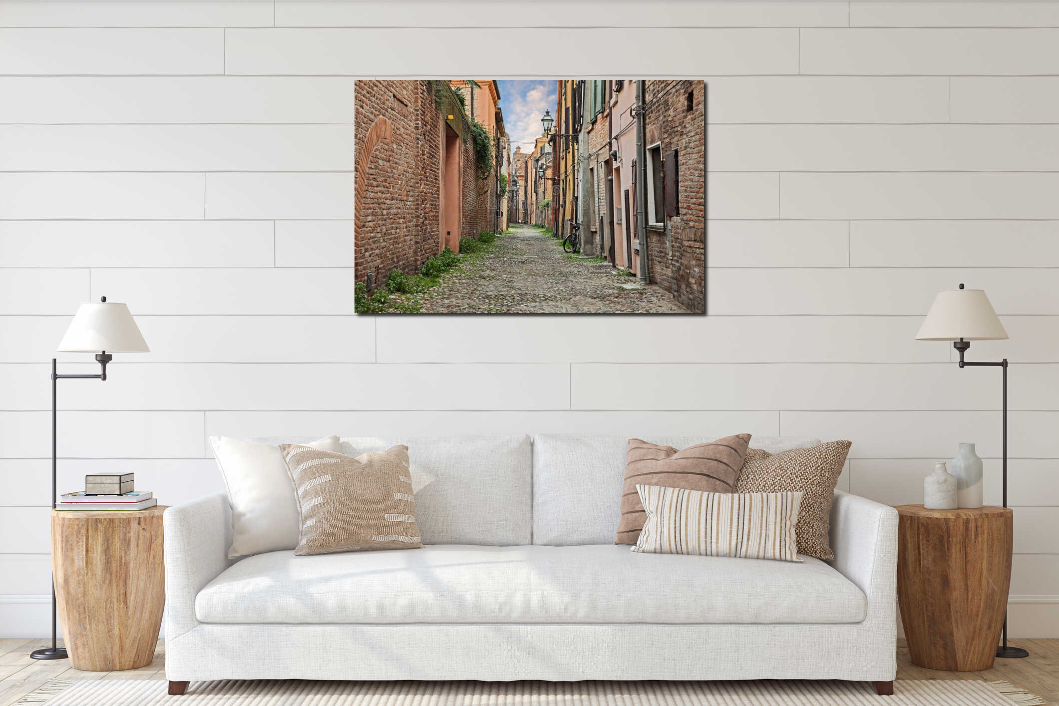 Ferrara, Emilia Romagna, Italy: old alley in the downtown of the ancient Italian city interior mockup