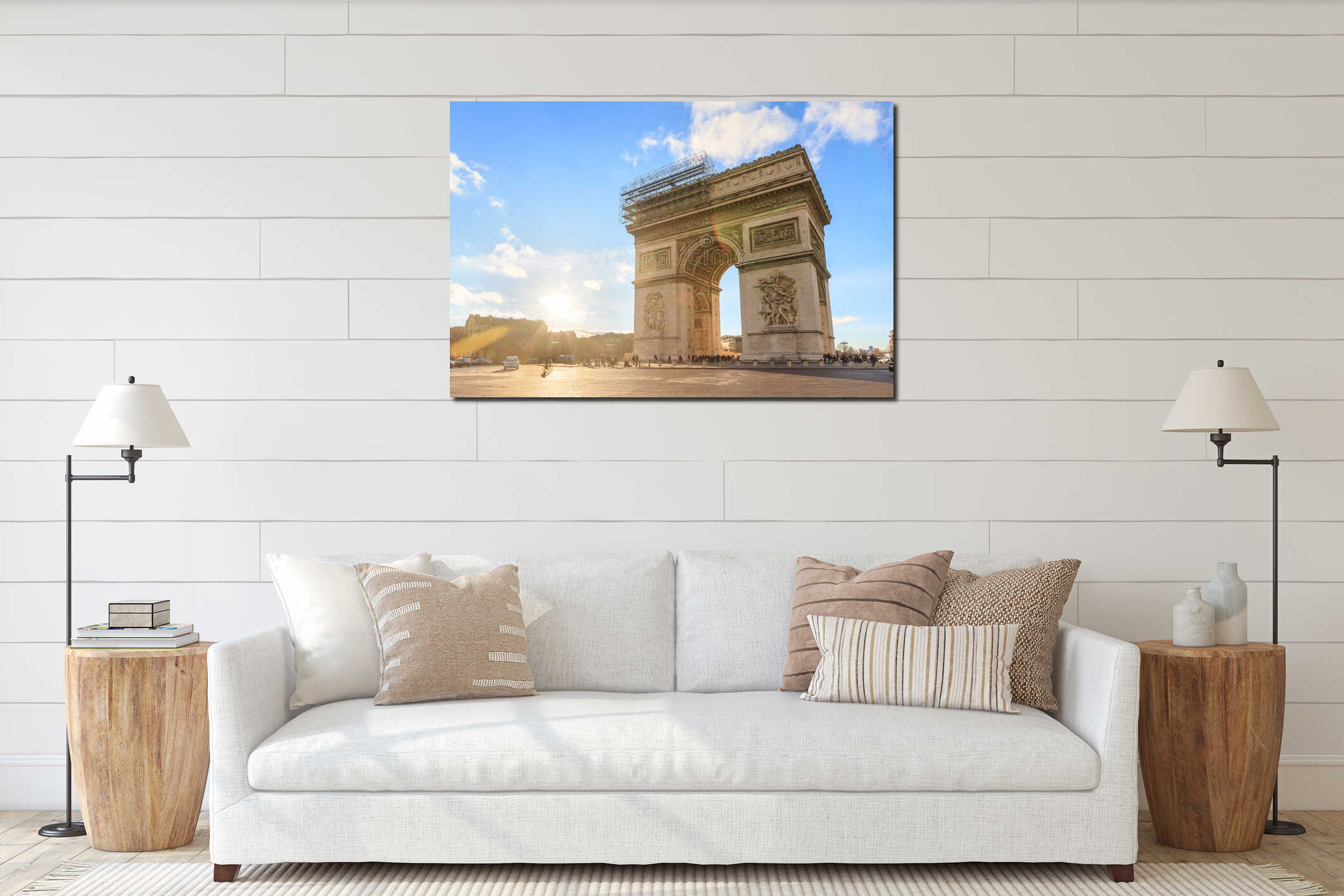 Sunset urban cityscape of the Arc de Triomphe interior mockup