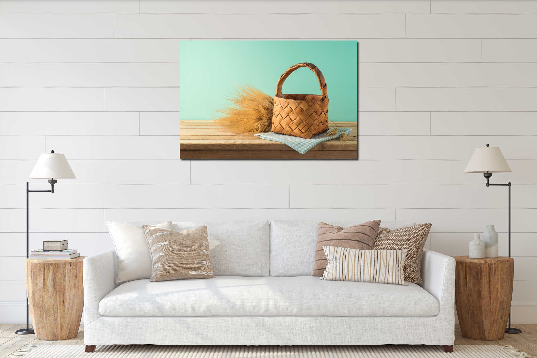 Empty basket with wheat on wooden table over blue background. Harvest mock up for design interior mockup