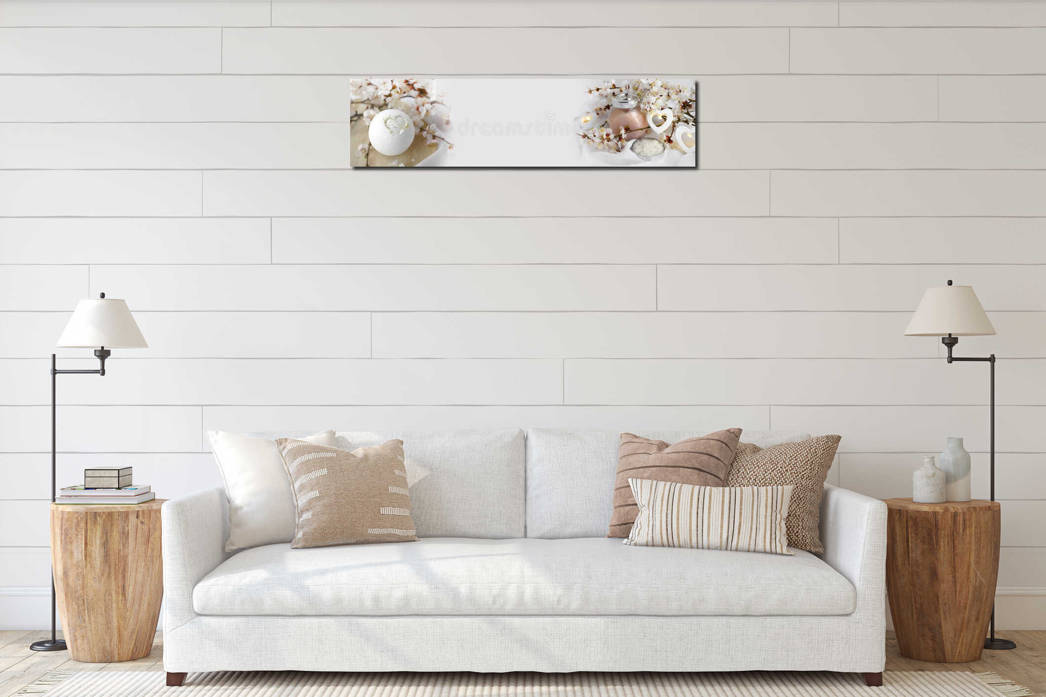 Romantic spa with bath bomb, cosmetic scrub, candles and cherry blossom. Still life skincare products interior mockup