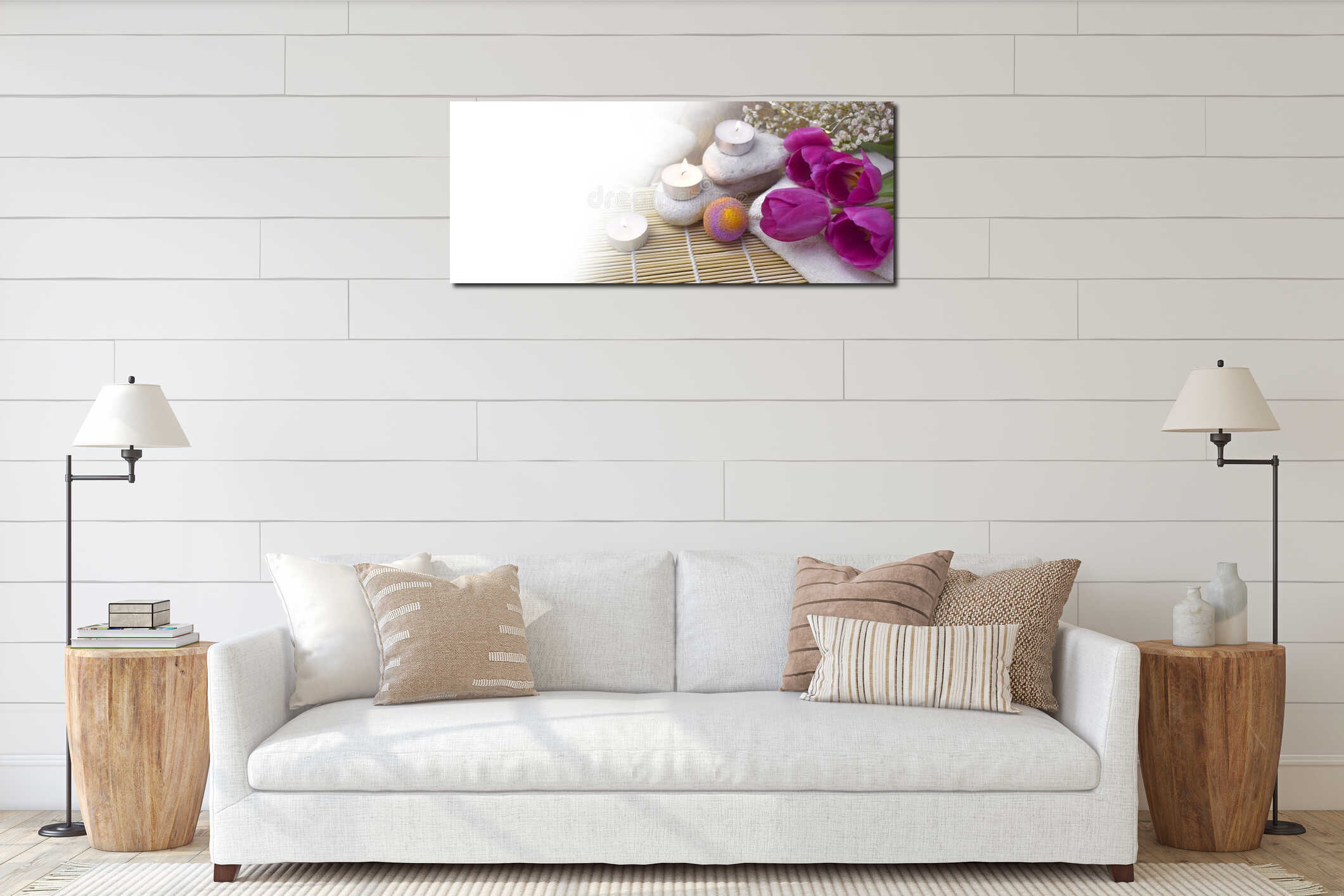 Mock up romantic spa with bath bomb, tulips, candles and pebbles on wooden background. interior mockup