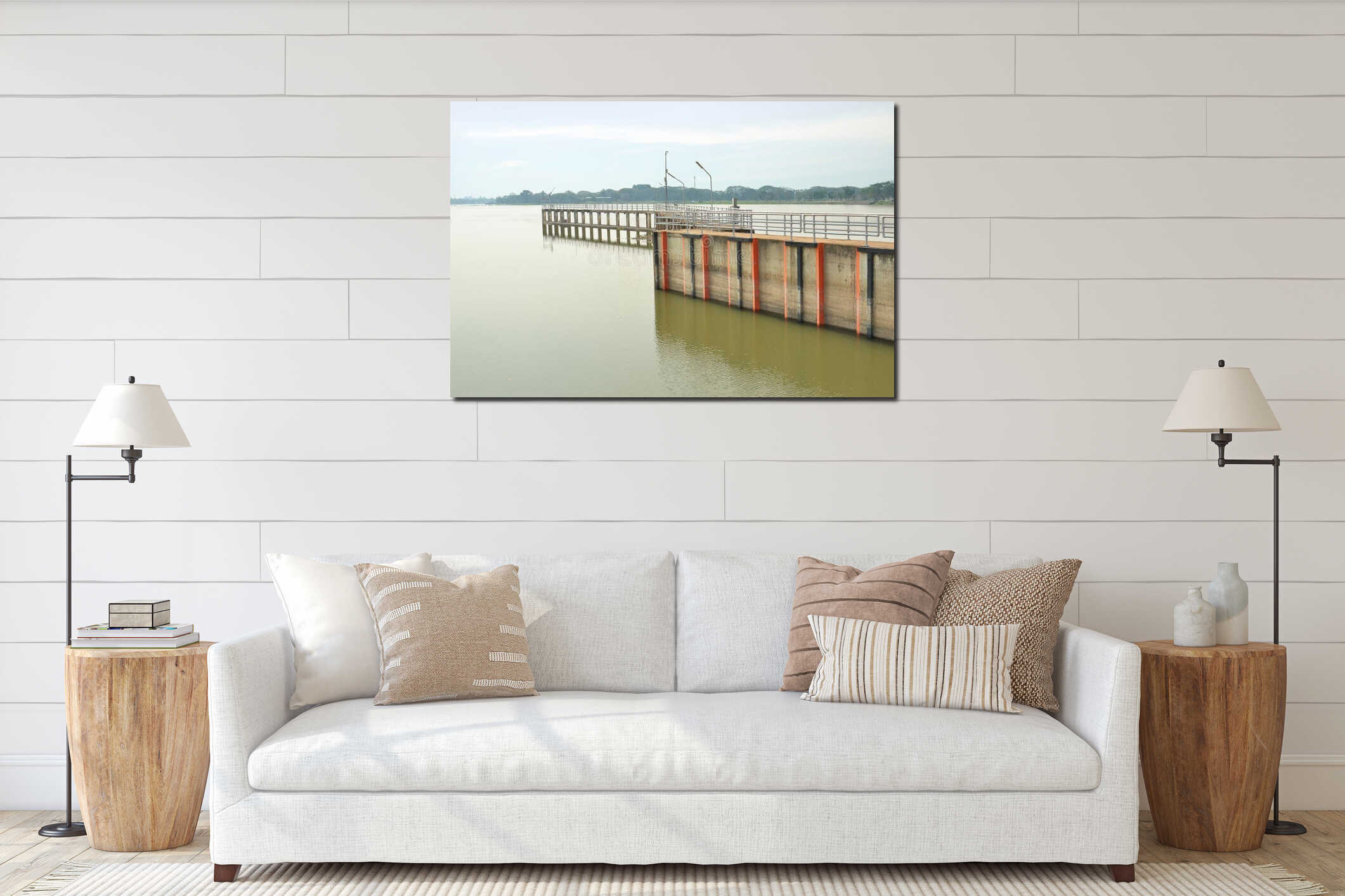 bridge road on dam wall in river interior mockup