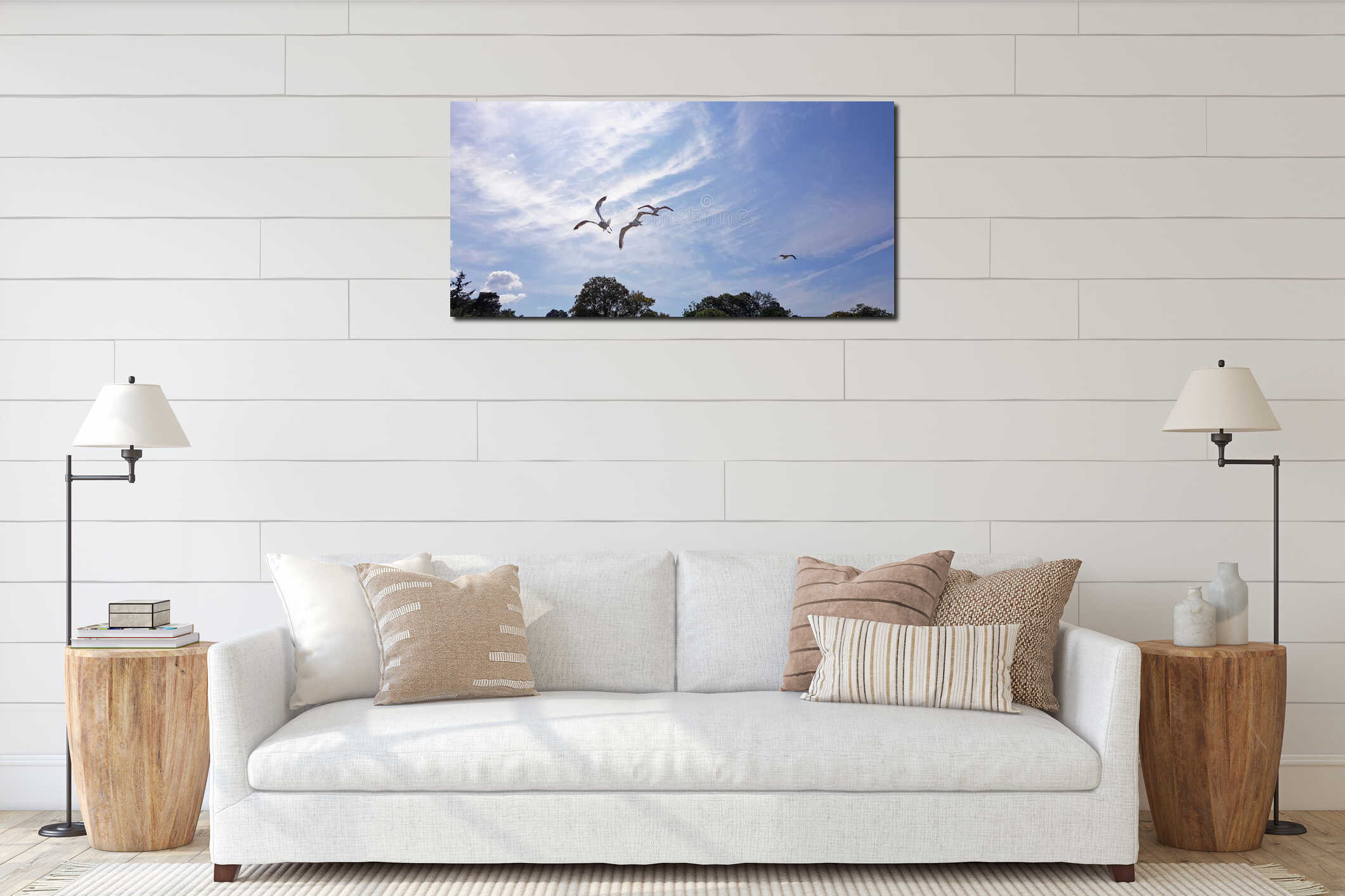 Flying seagulls against blue sky interior mockup