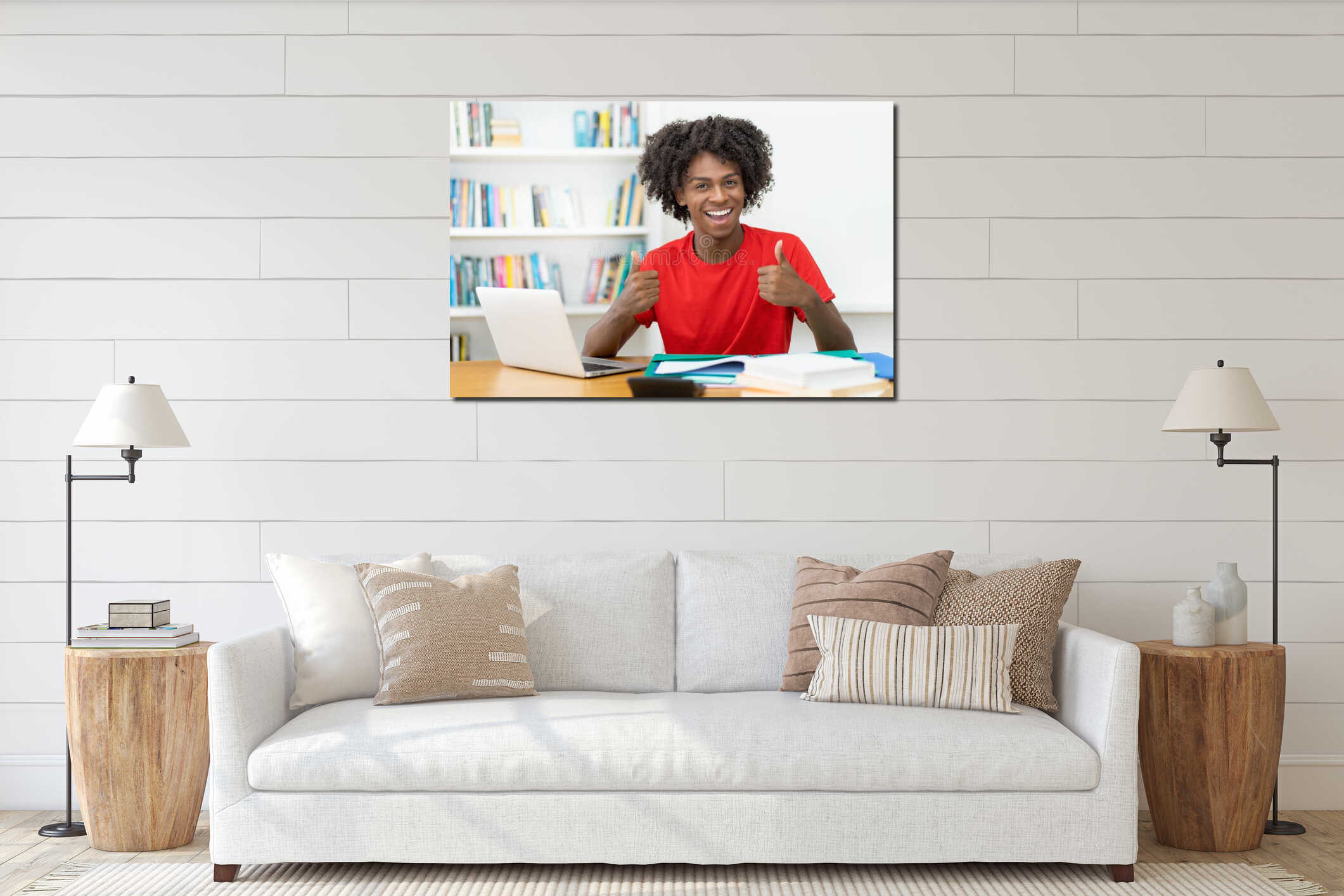 Successful afro american male student learning at desk interior mockup