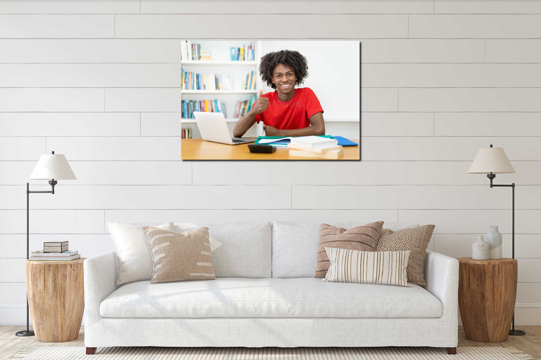 Afro american male student showing thumb up at desk interior mockup