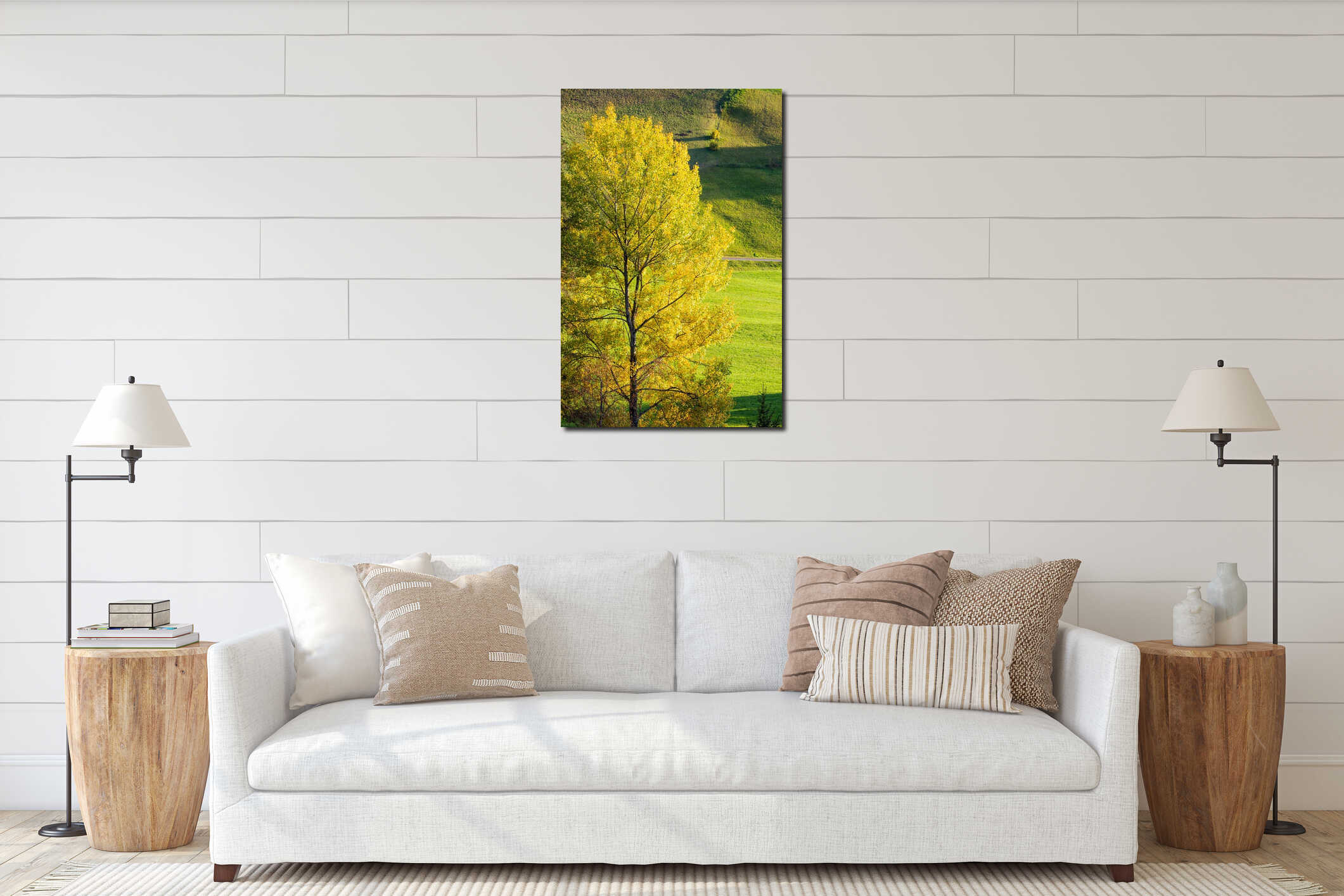 Autumn rural grassy hills and big colorful tree in front interior mockup