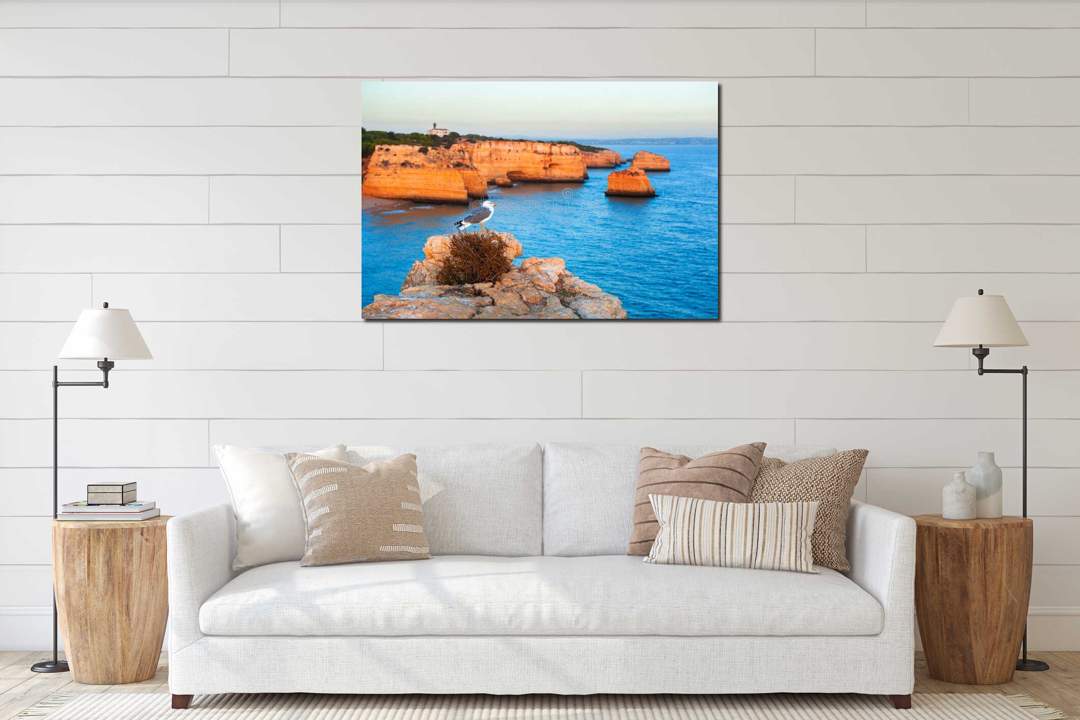 Seagull sitting on the rocks. Algarve, Portugal interior mockup
