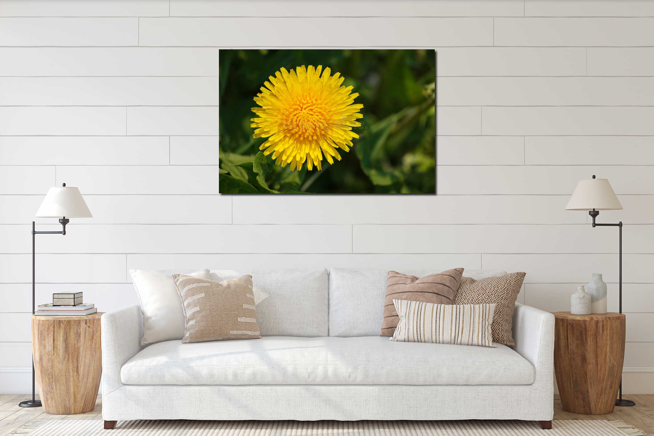 Top View of Bright Yellow Blooming Dandelion on Greenery Background interior mockup