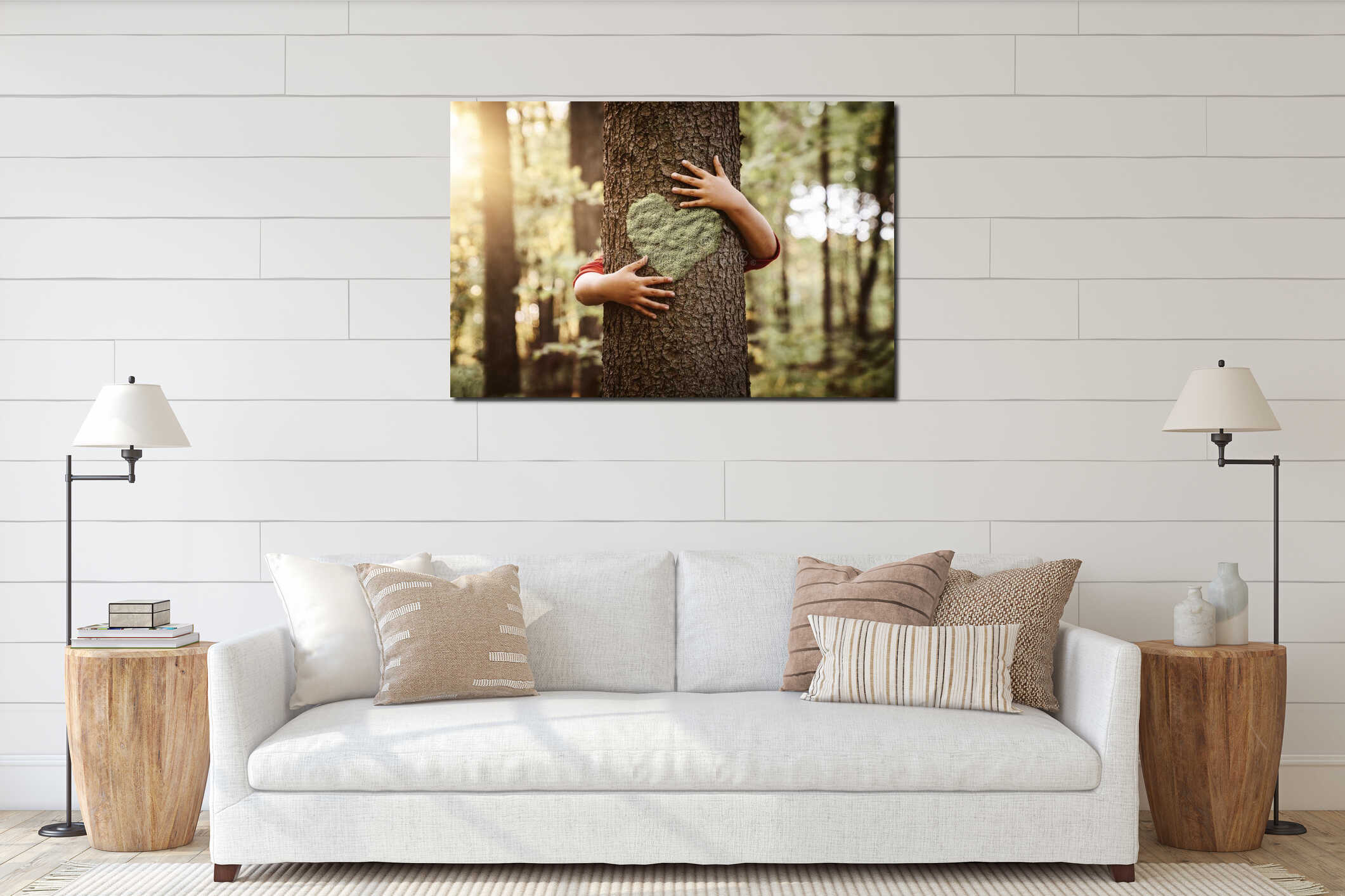 Nature lover, close up of child hands hugging a tree interior mockup