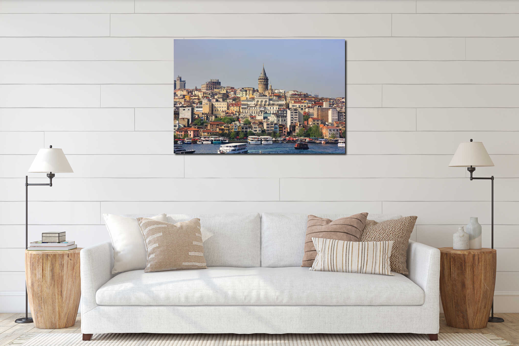 Istanbul city panorama with famous Galata tower on hill and numerous ships and boats floating along Bosphorus interior mockup