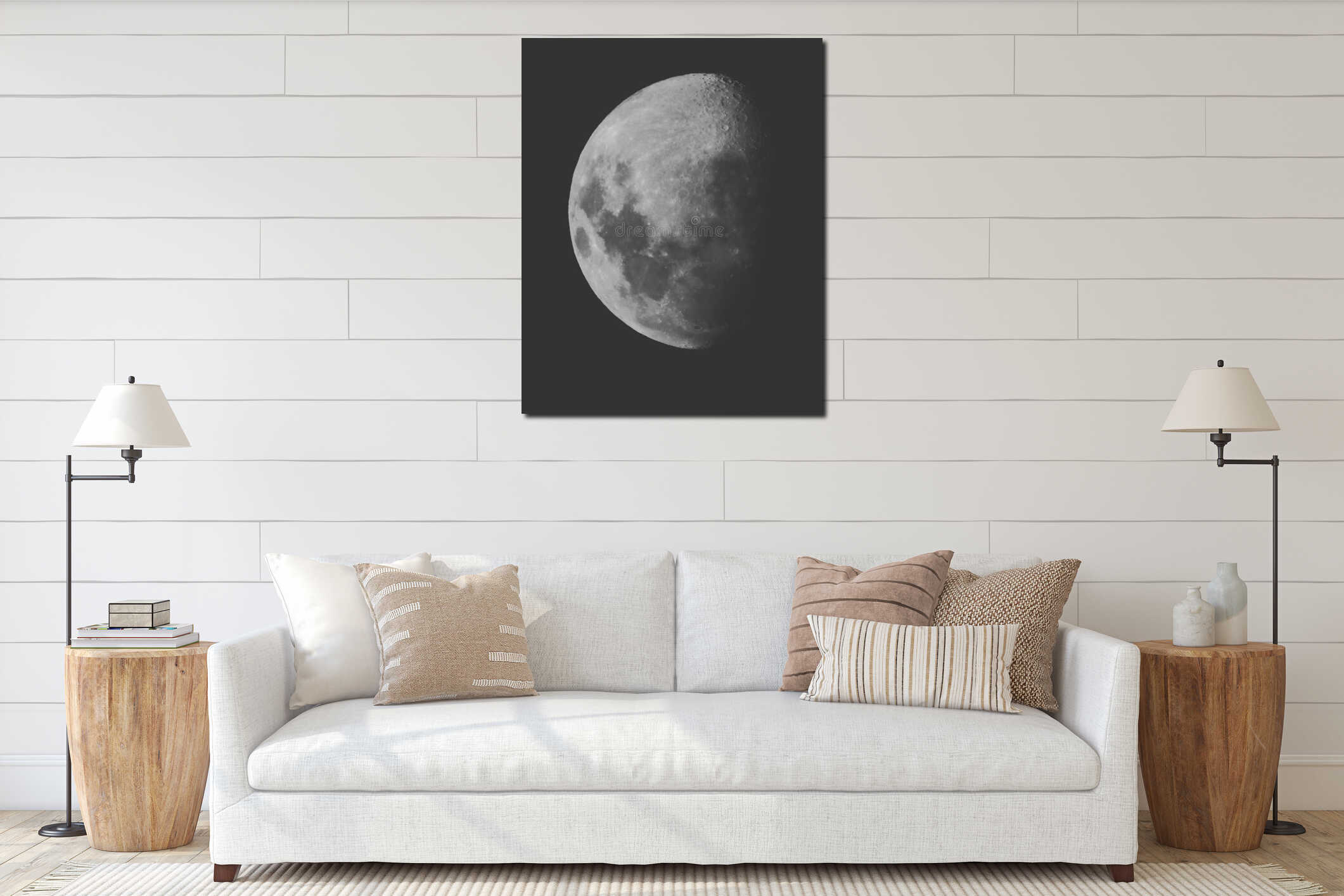 Closeup vertical grayscale shot of a waning gibbous moon with the black background interior mockup