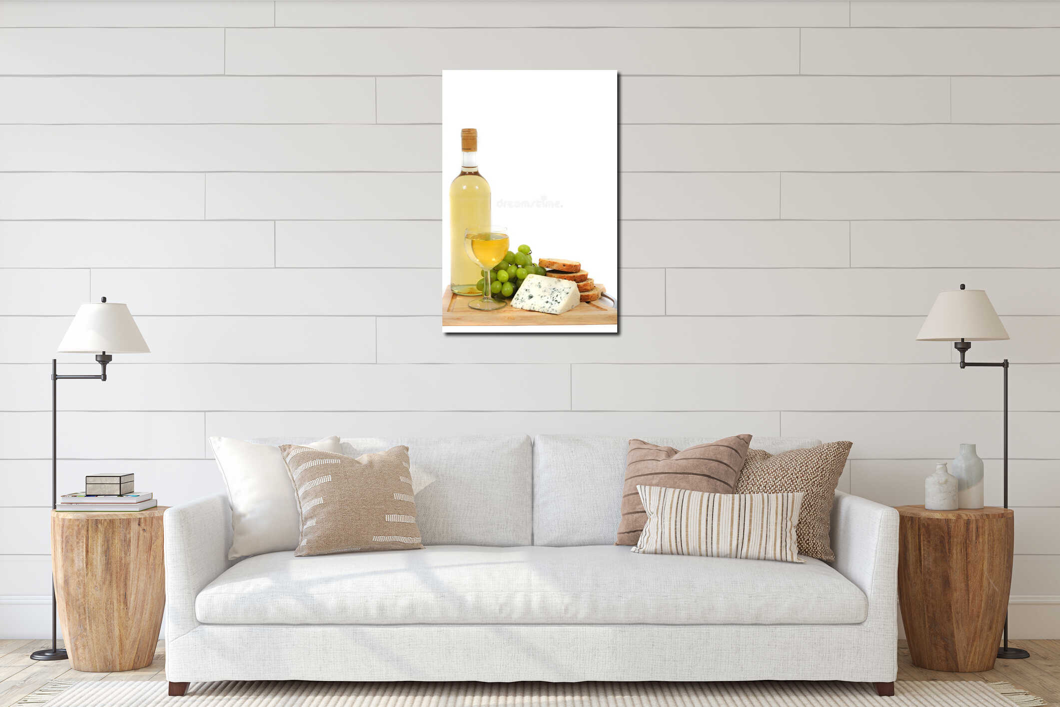Wine, grapes, cheese and bread interior mockup