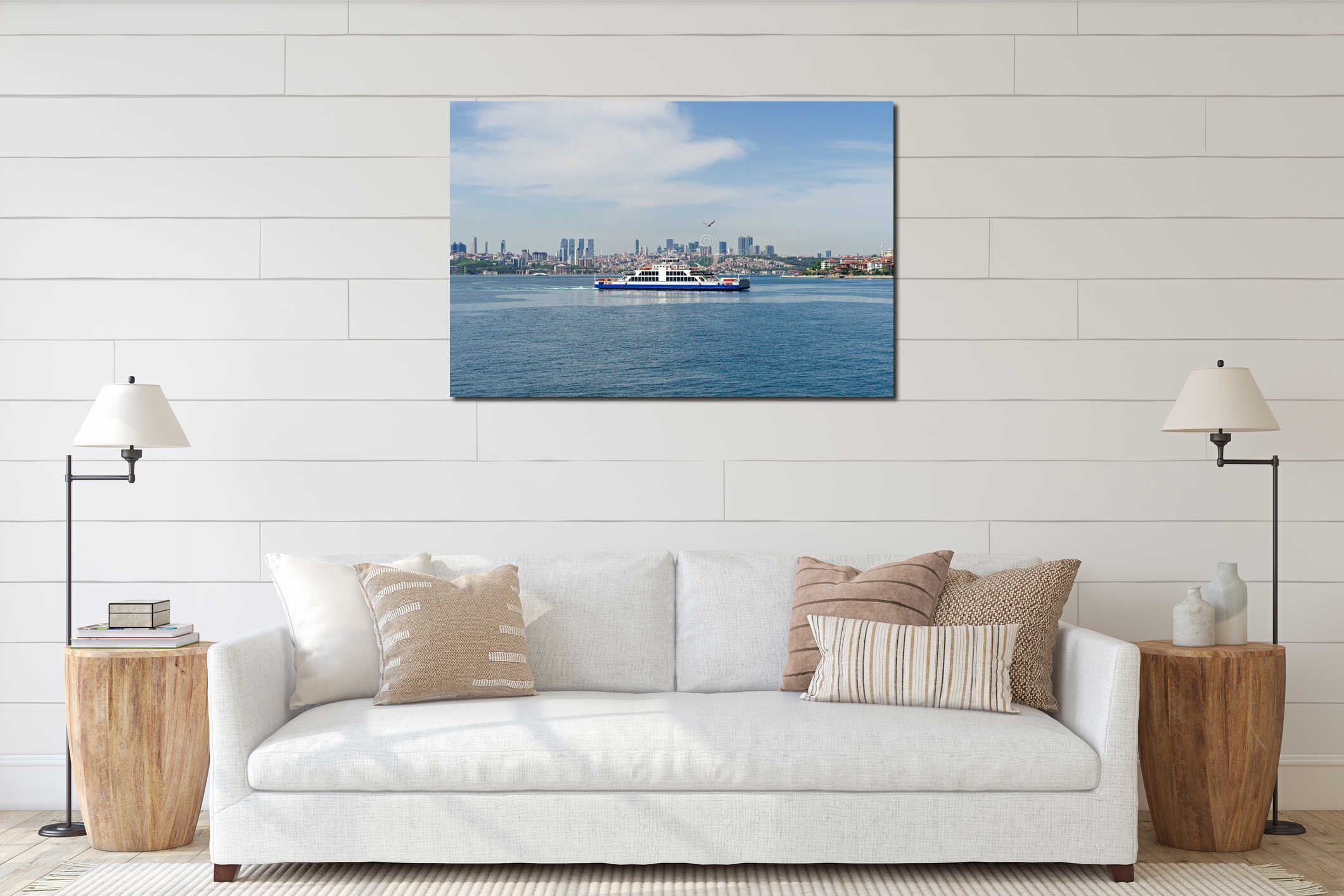 Ferry boat passing Bosphorus. panorama of european part of Istanbul city at background and seagull interior mockup